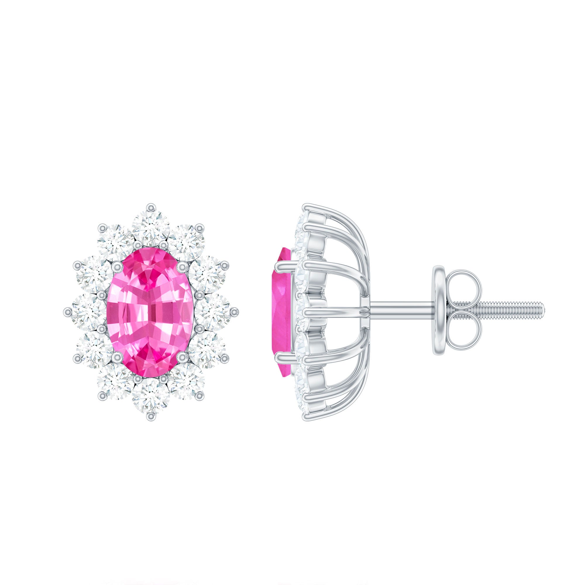 Genuine Pink Sapphire Halo Stud Earrings with Diamond