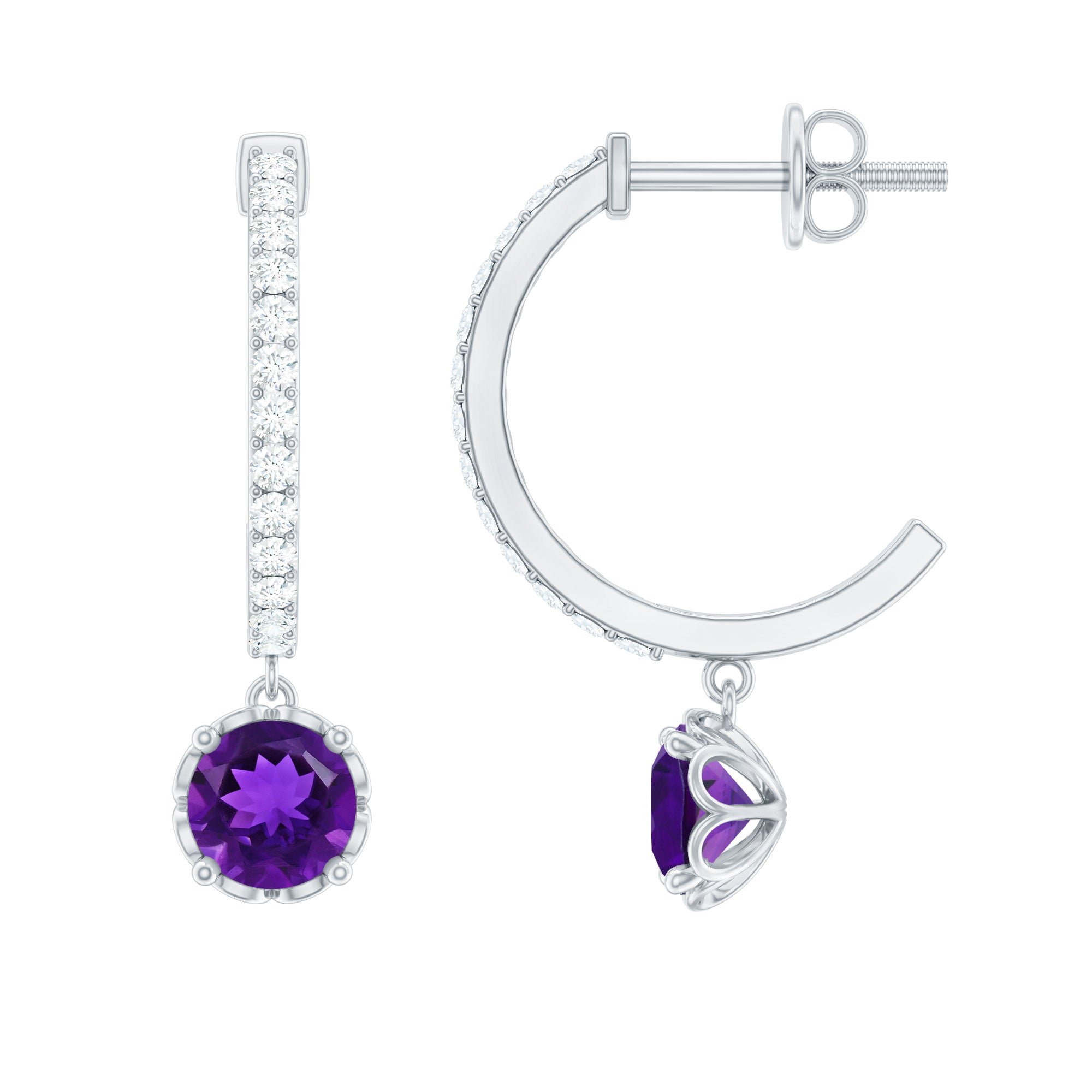 Natural Amethyst Hoop Drop Earrings with Diamond