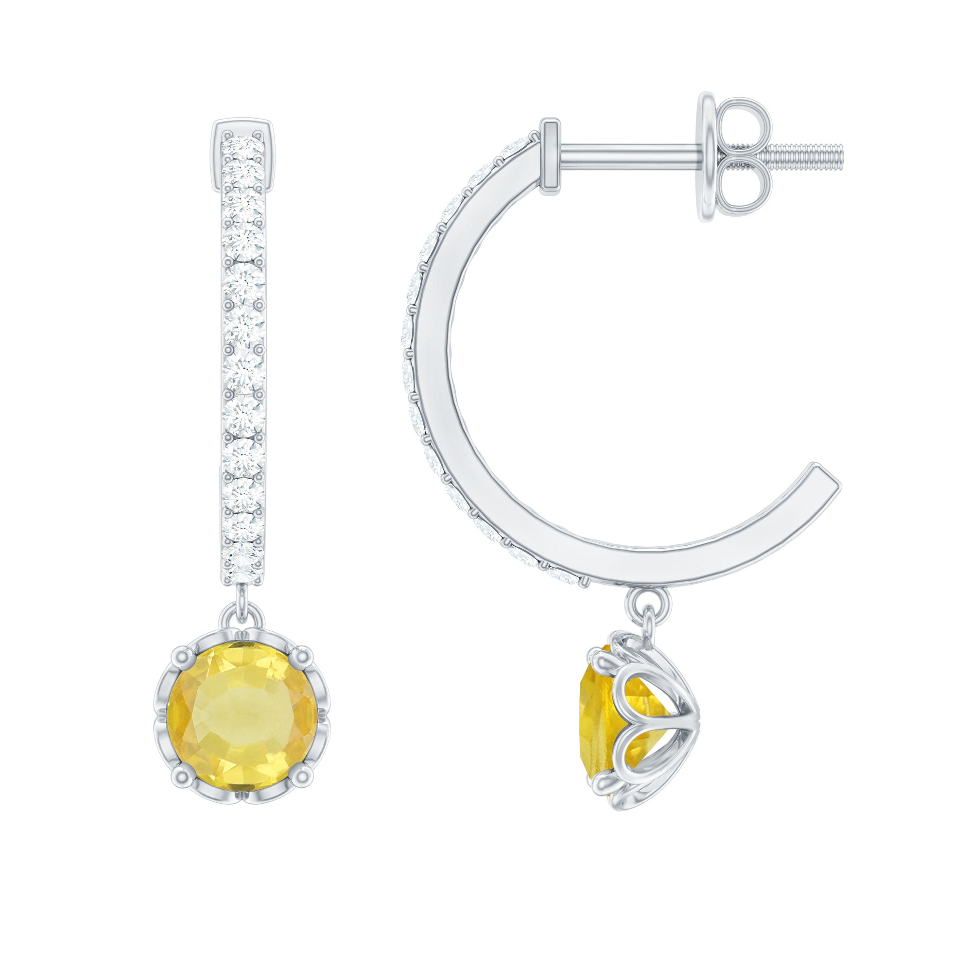 Classic Lab Created Yellow Sapphire and Diamond Hoop Drop Earrings