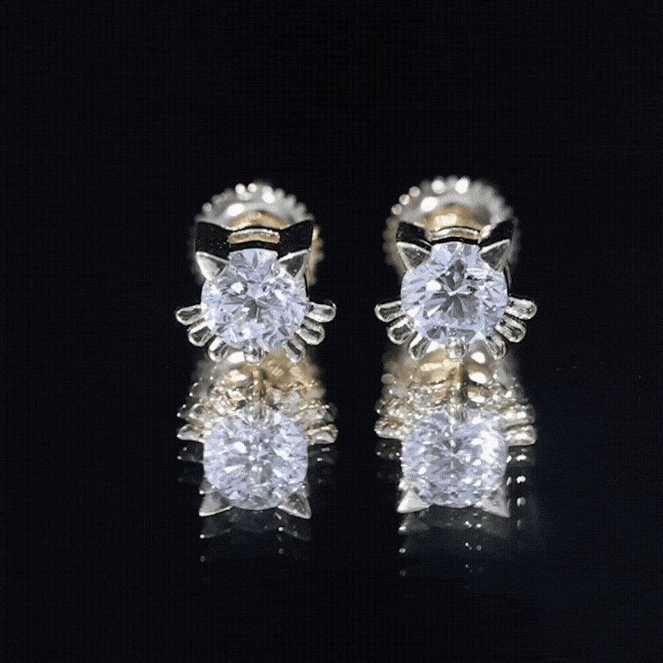 Cute Cat Stud Earrings with Lab Grown Diamond Lab - ( EF-VS ) - Rosec Jewels