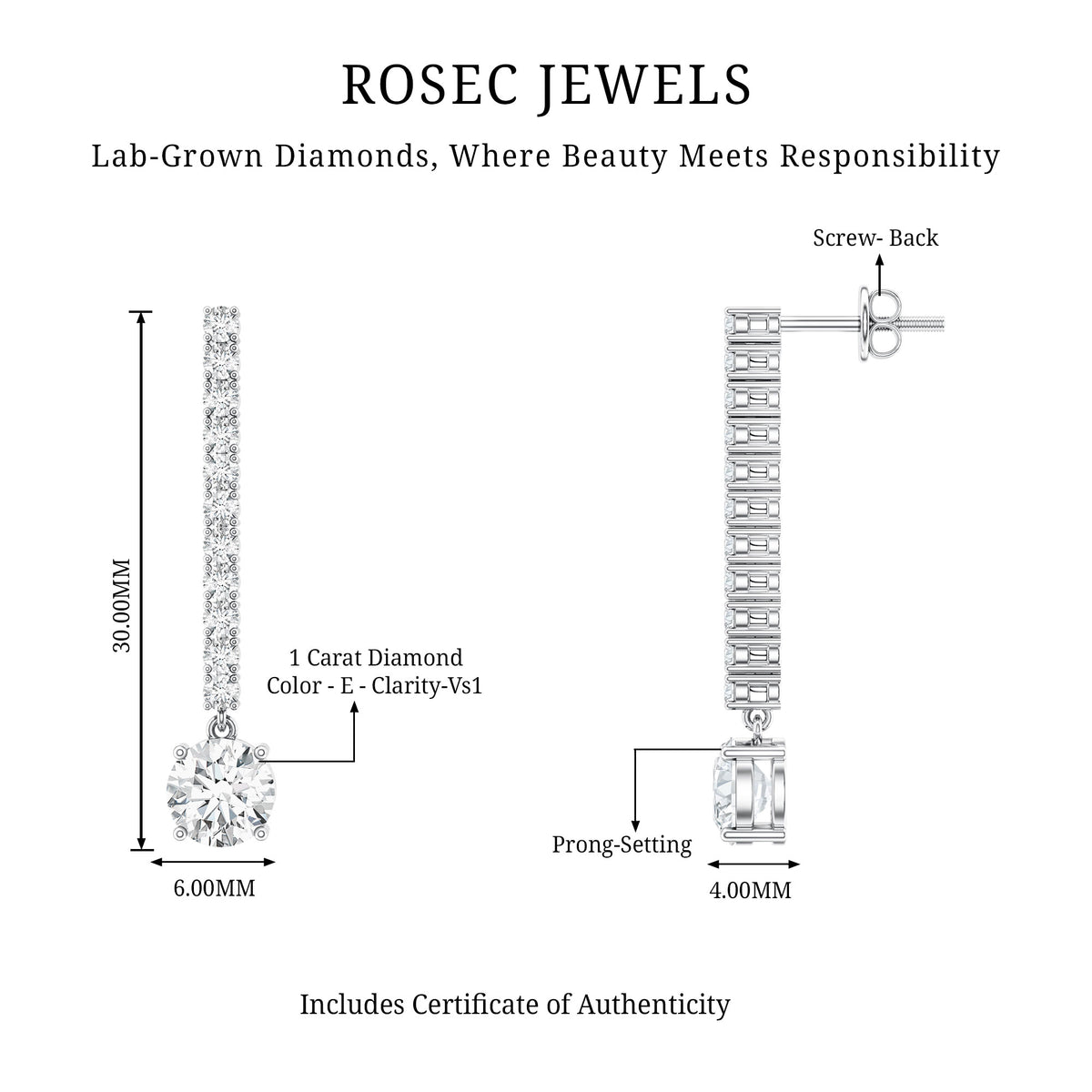 2 Carat Lab Grown Diamond Drop Earrings with IGI Certificate Lab - ( E-VS1 ) - Rosec Jewels