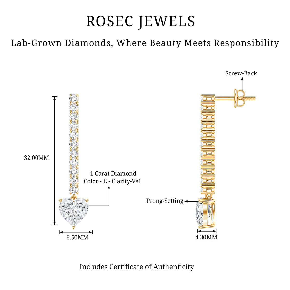 Lab Grown 2 Carat Diamond Bridal Drop Earrings with IGI Certificate Lab - ( E-VS1 ) - Rosec Jewels