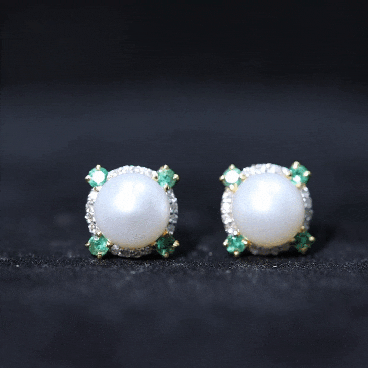 6 Carat Pearl Stud Earrings with Created Emerald and Diamond Halo AAA - Rosec Jewels