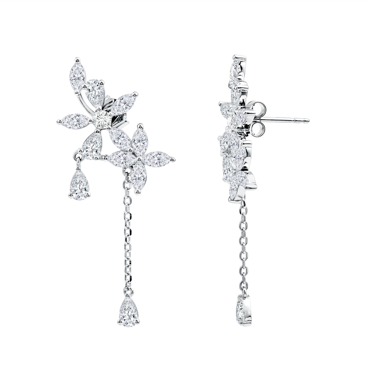 Certified Lab Grown Diamond Flower Dangle Drop Earrings Lab - ( EF-VS ) - Rosec Jewels