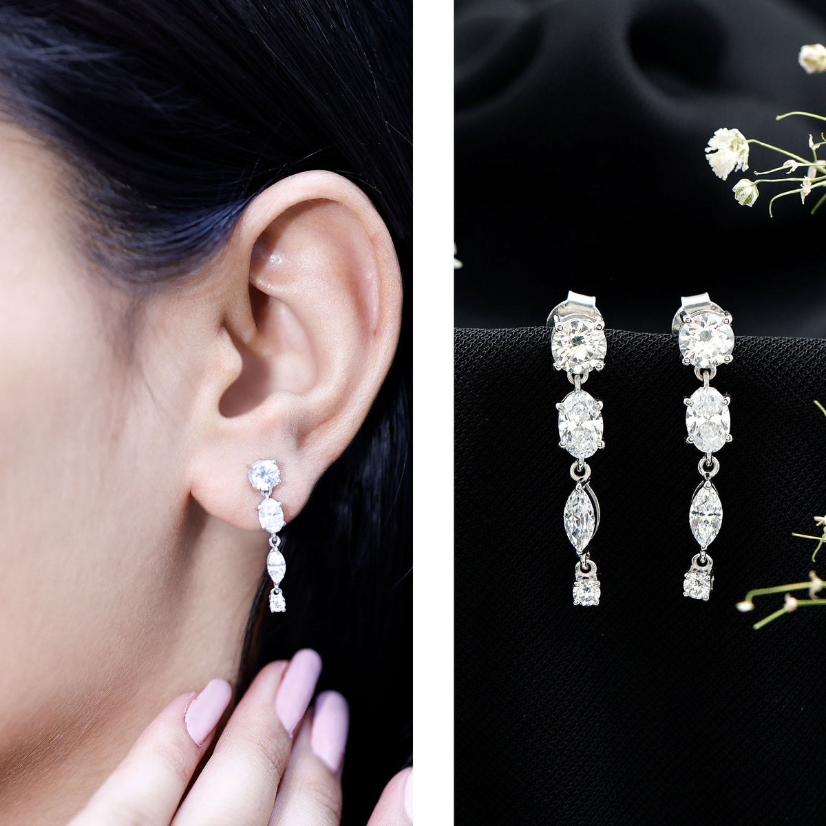 Multi Shape Lab Grown Diamond Dangle Earrings For Bride Lab - ( EF-VS ) - Rosec Jewels
