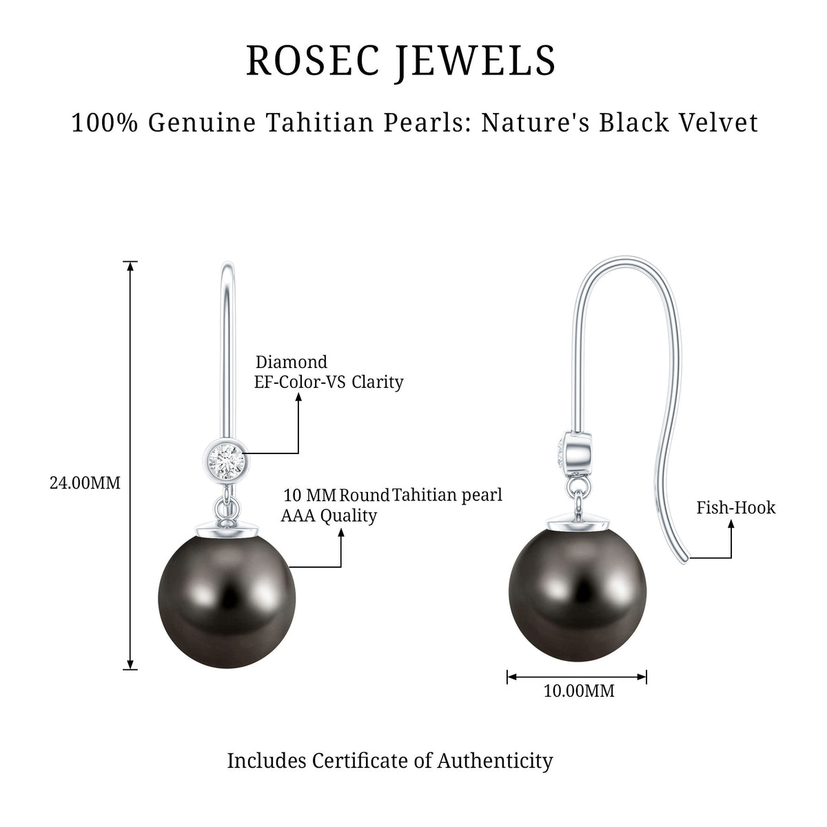 16 Carat Tahitian Black Pearl Dangling Earrings with Diamond AAA - Rosec Jewels