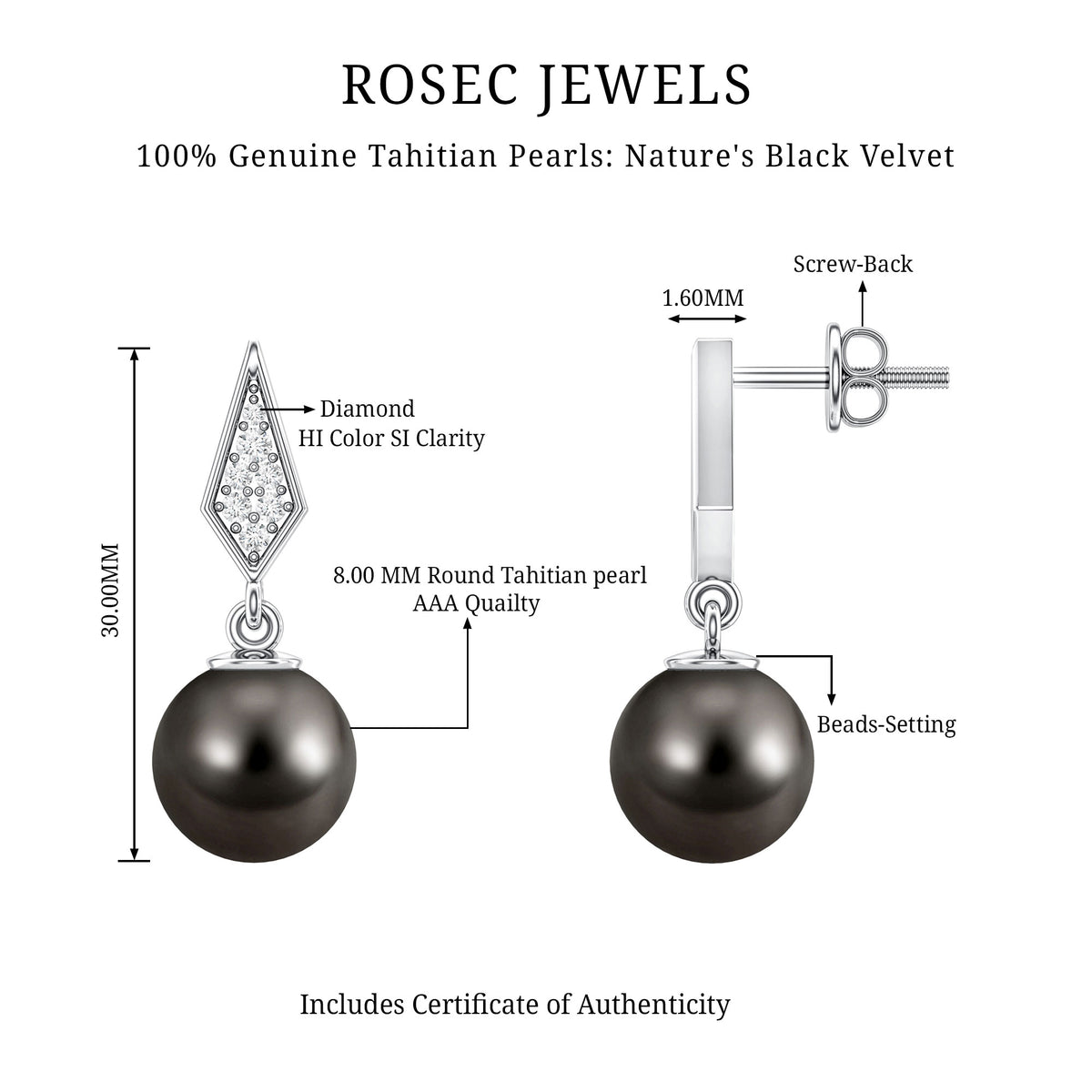 Art Deco Inspired Tahitian Pearl and Diamond Drop Earrings AAA - Rosec Jewels