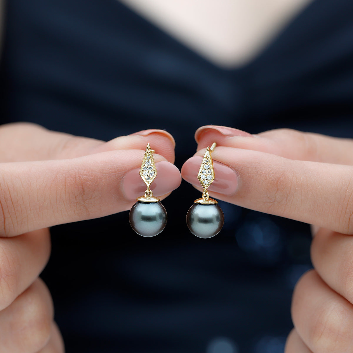 Art Deco Inspired Tahitian Pearl and Diamond Drop Earrings AAA - Rosec Jewels