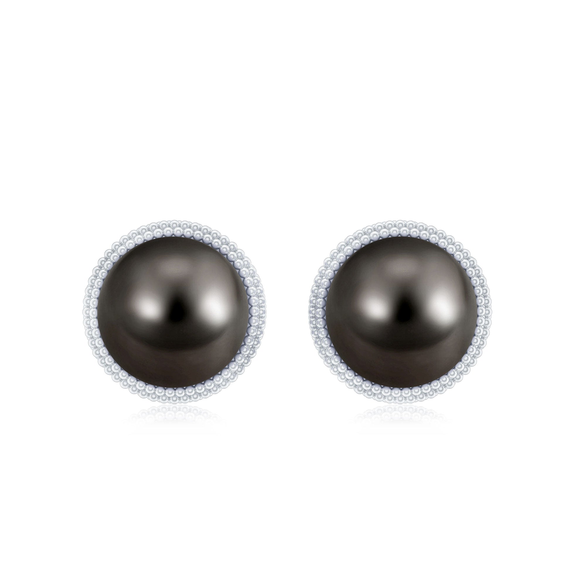 8MM Tahitian Black Pearl Solitaire Stud Earrings with Beaded Detail AAA - Rosec Jewels