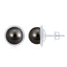 8MM Tahitian Black Pearl Solitaire Stud Earrings with Beaded Detail AAA - Rosec Jewels