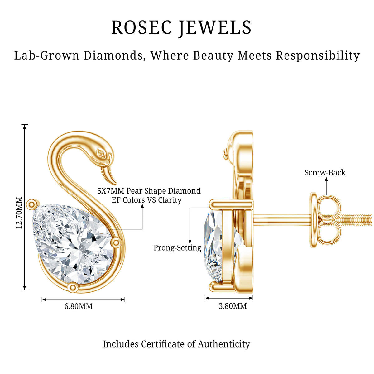 Certified Lab Grown Diamond Swan Stud Earrings Lab - ( EF-VS ) - Rosec Jewels