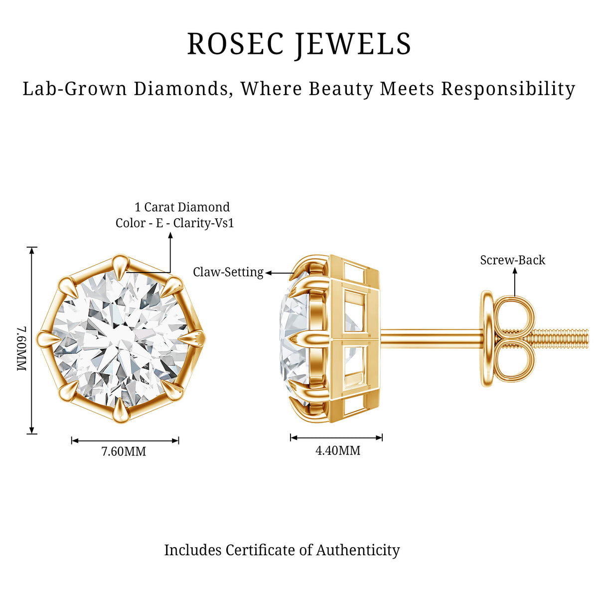IGI Authenticated Lab Grown Diamond 2 Carat Stud Earrings with 8 Prongs Secure Setting Lab - ( E-VS1 ) - Rosec Jewels