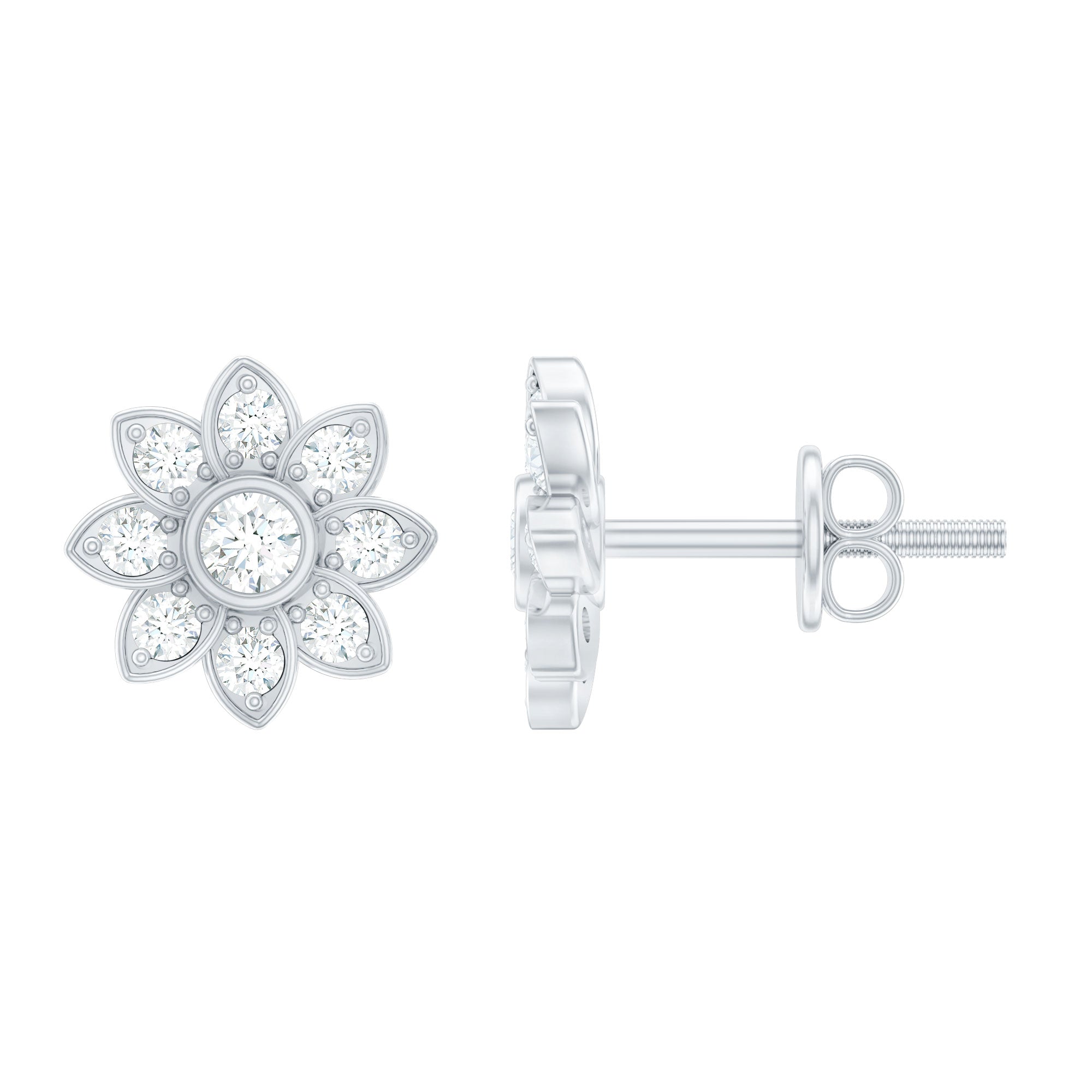 Diamond Flower Stud Earrings With Screw Back