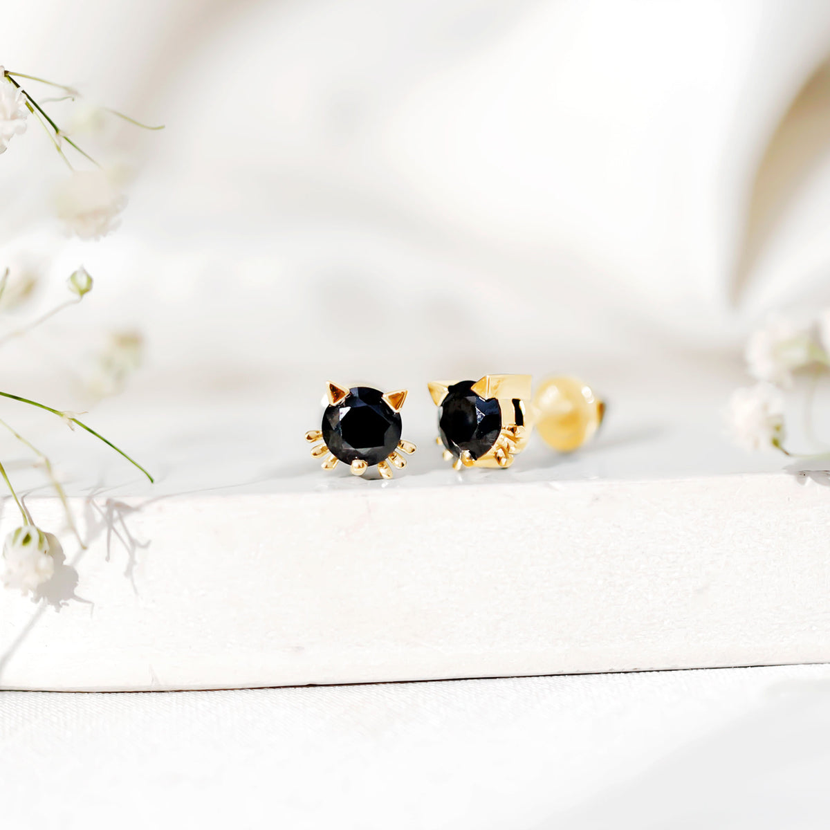 5MM Round Lab Created Black Diamond Cat Stud Earrings AAAA ( Synthetic ) - Rosec Jewels