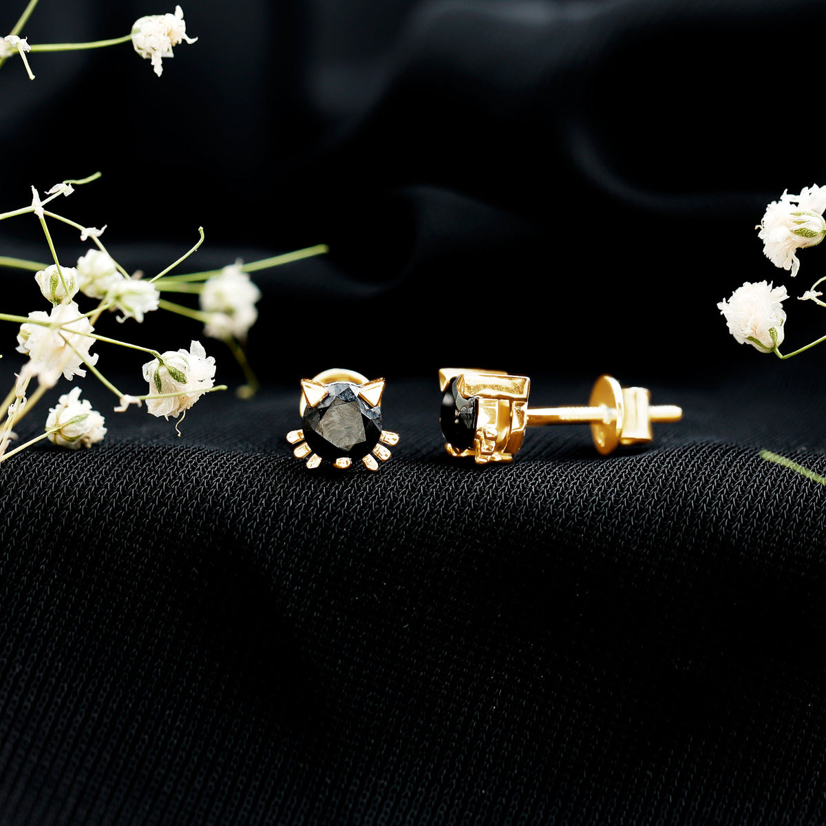 5MM Round Lab Created Black Diamond Cat Stud Earrings AAAA ( Synthetic ) - Rosec Jewels