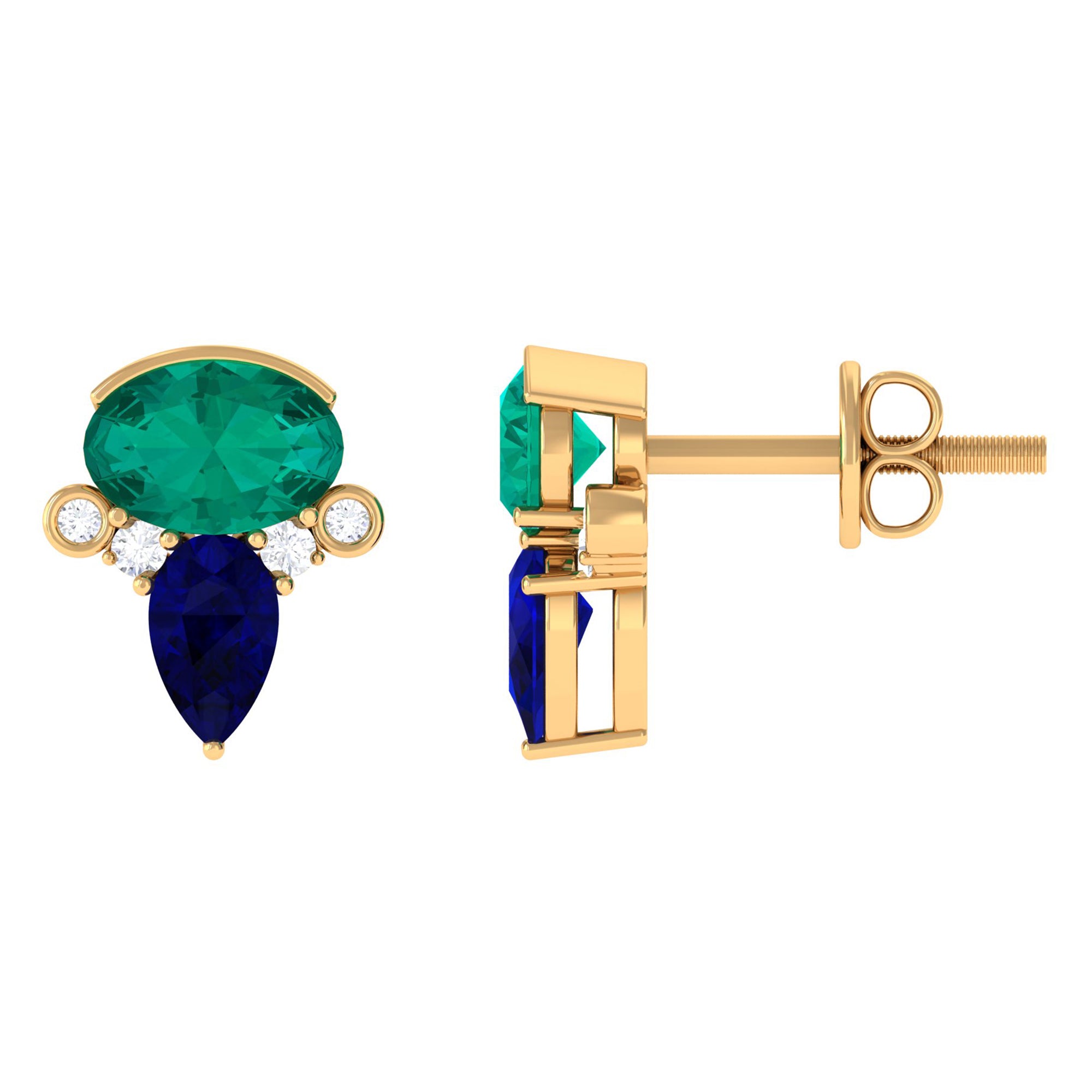 1.50 CT Blue Sapphire and Emerald Antique Stud Earrings with Diamond Accent Blue Sapphire - ( AAA ) - Quality - Rosec Jewels
