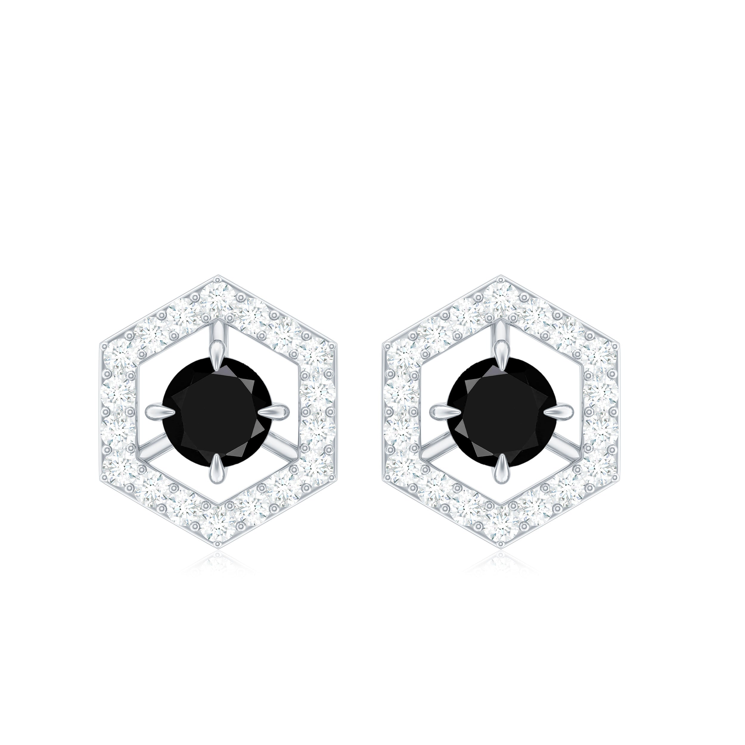 1 CT Black Spinel and Diamond Hexagon Stud Earrings AAA - Rosec Jewels