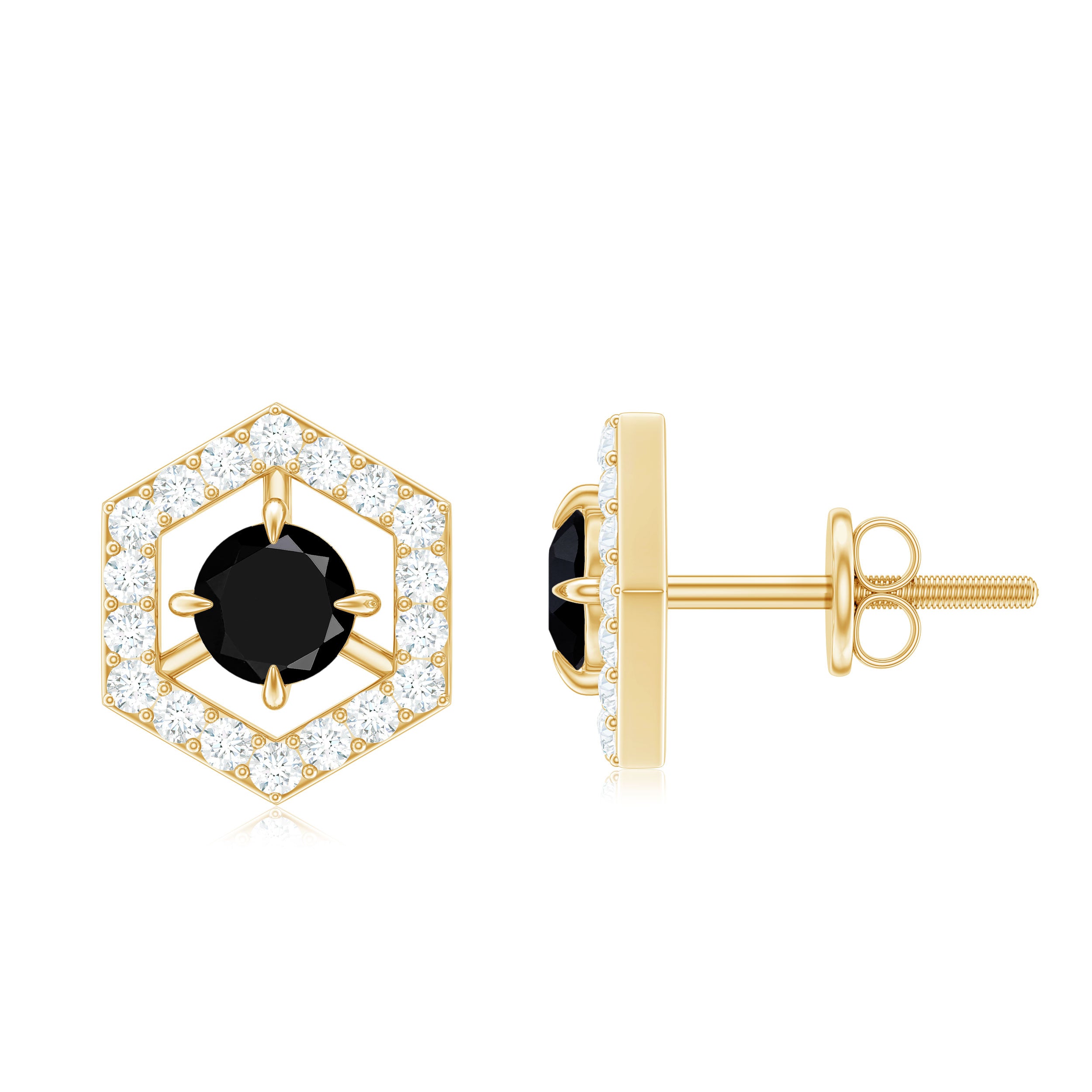 1 CT Black Spinel and Diamond Hexagon Stud Earrings AAA - Rosec Jewels