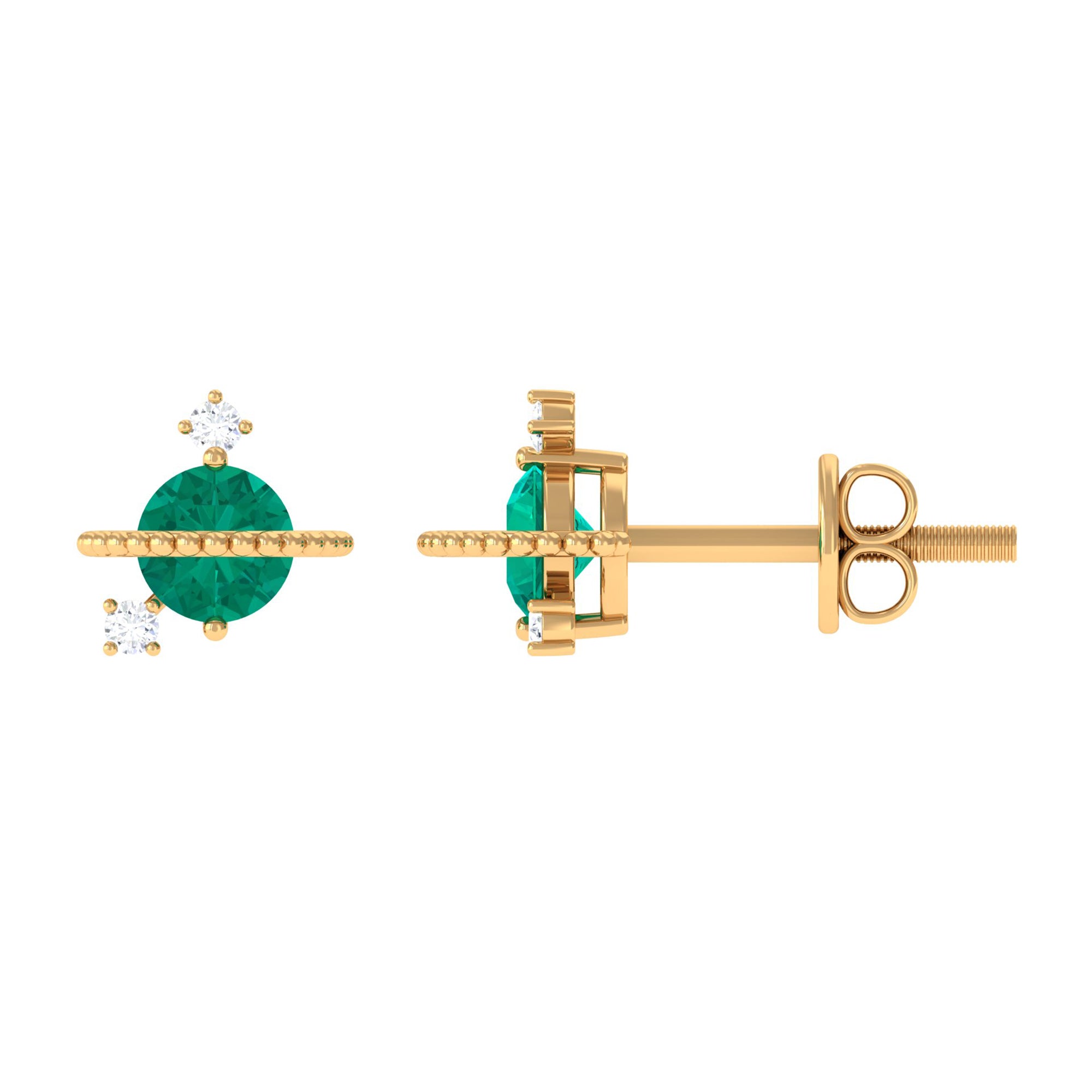 Solitaire Emerald and Diamond Contemporary Stud Earrings Emerald - ( AAA ) - Quality - Rosec Jewels