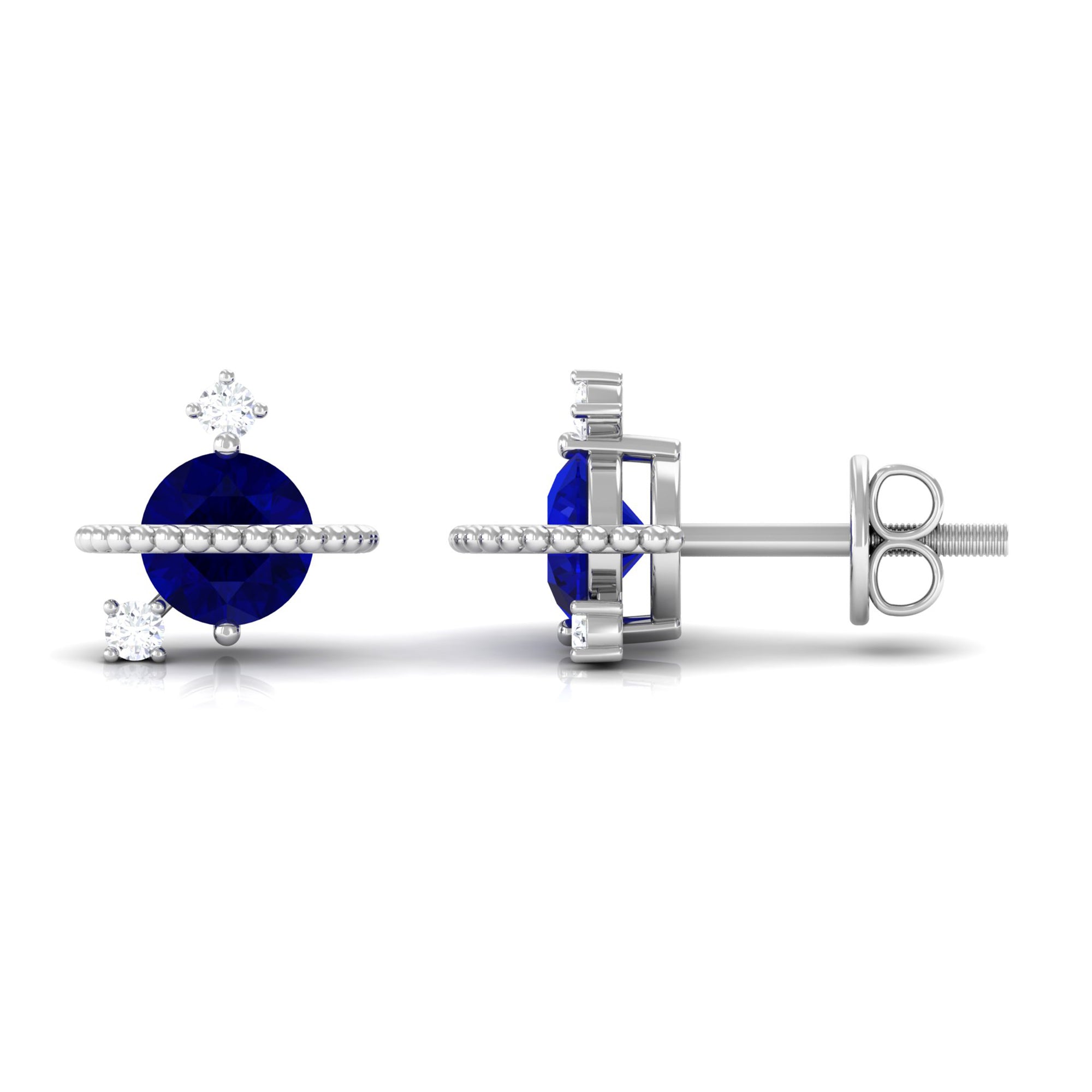 Natural 0.8 Carat Blue Sapphire and Diamond Contemporary Stud Earrings AAA - Rosec Jewels