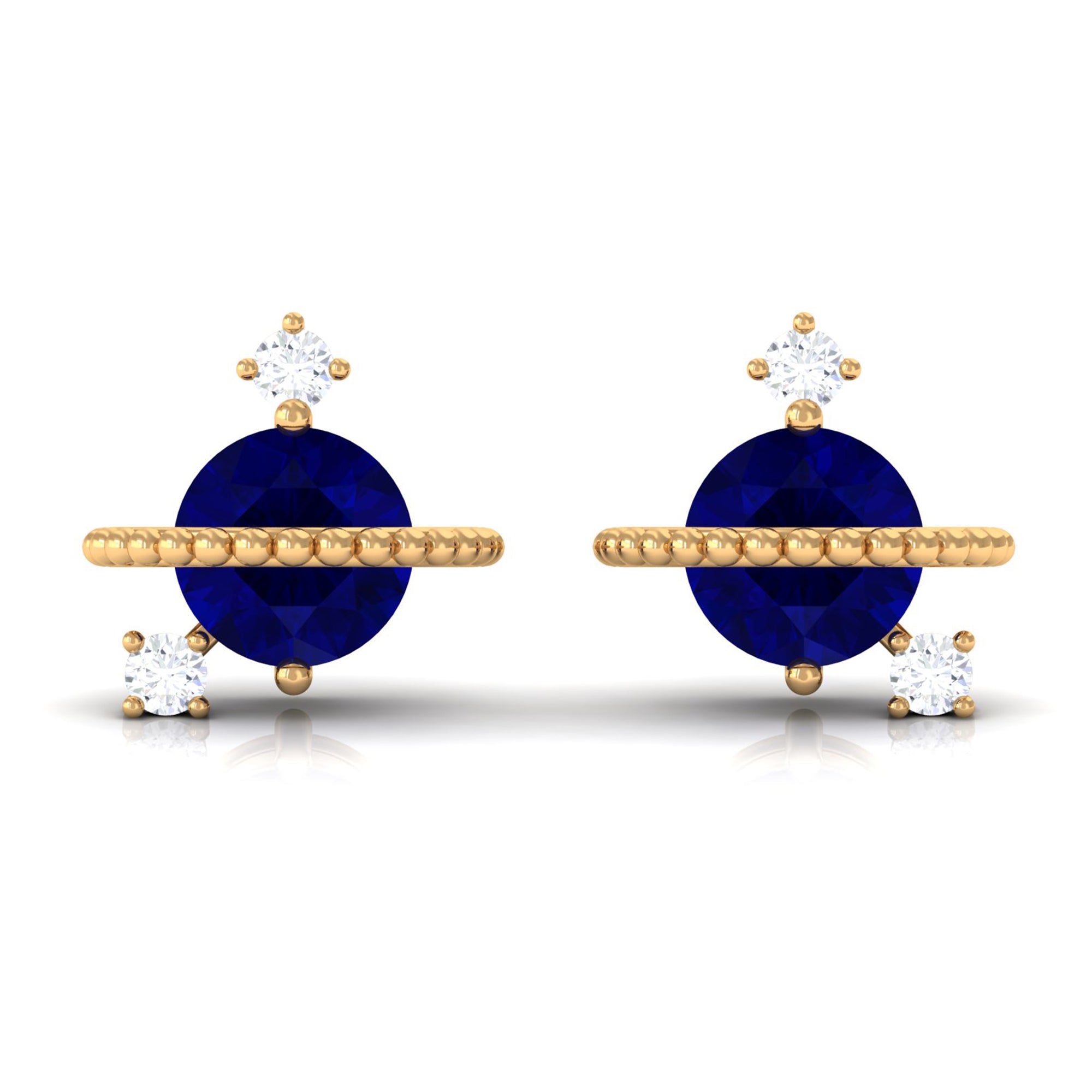 Natural 0.8 Carat Blue Sapphire and Diamond Contemporary Stud Earrings AAA - Rosec Jewels