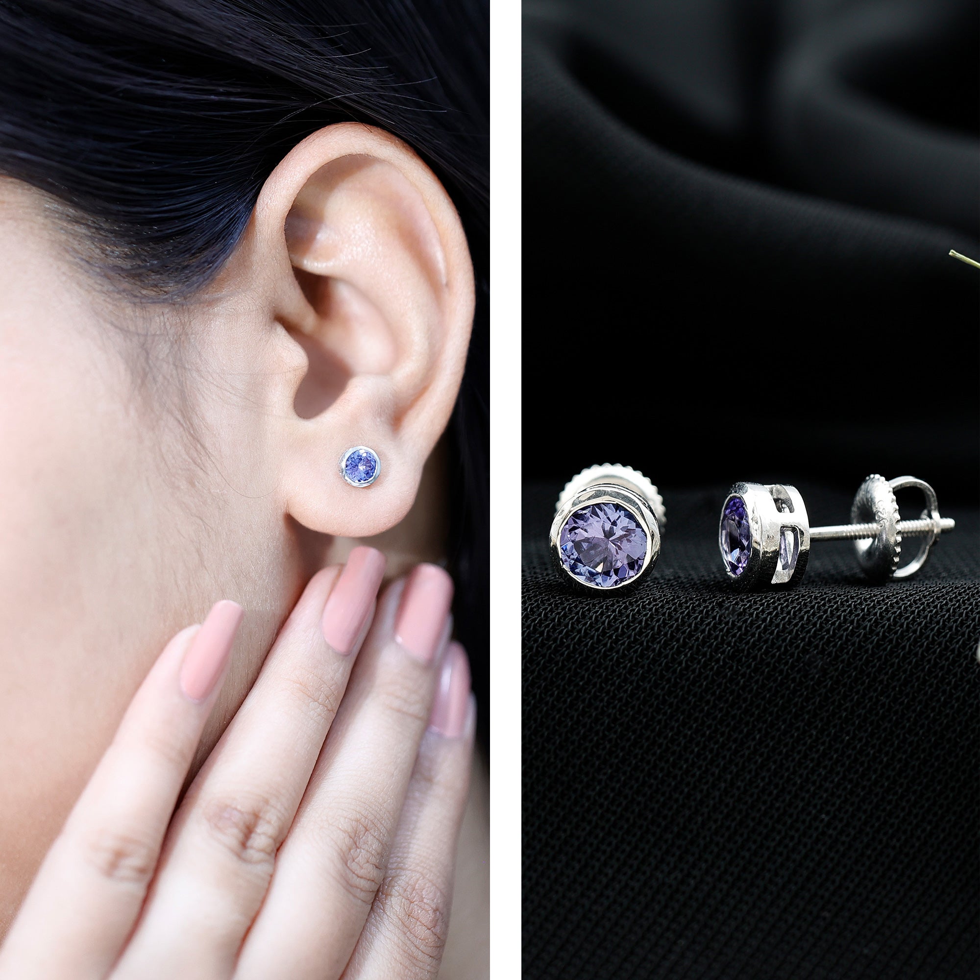 Natural 1 Carat Blue Tanzanite Solitaire Stud Earrings in Bezel Setting AAA - Rosec Jewels