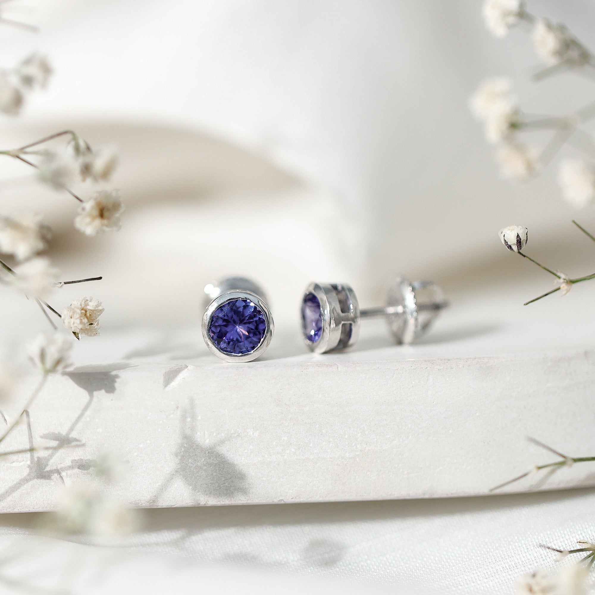 Natural 1 Carat Blue Tanzanite Solitaire Stud Earrings in Bezel Setting AAA - Rosec Jewels