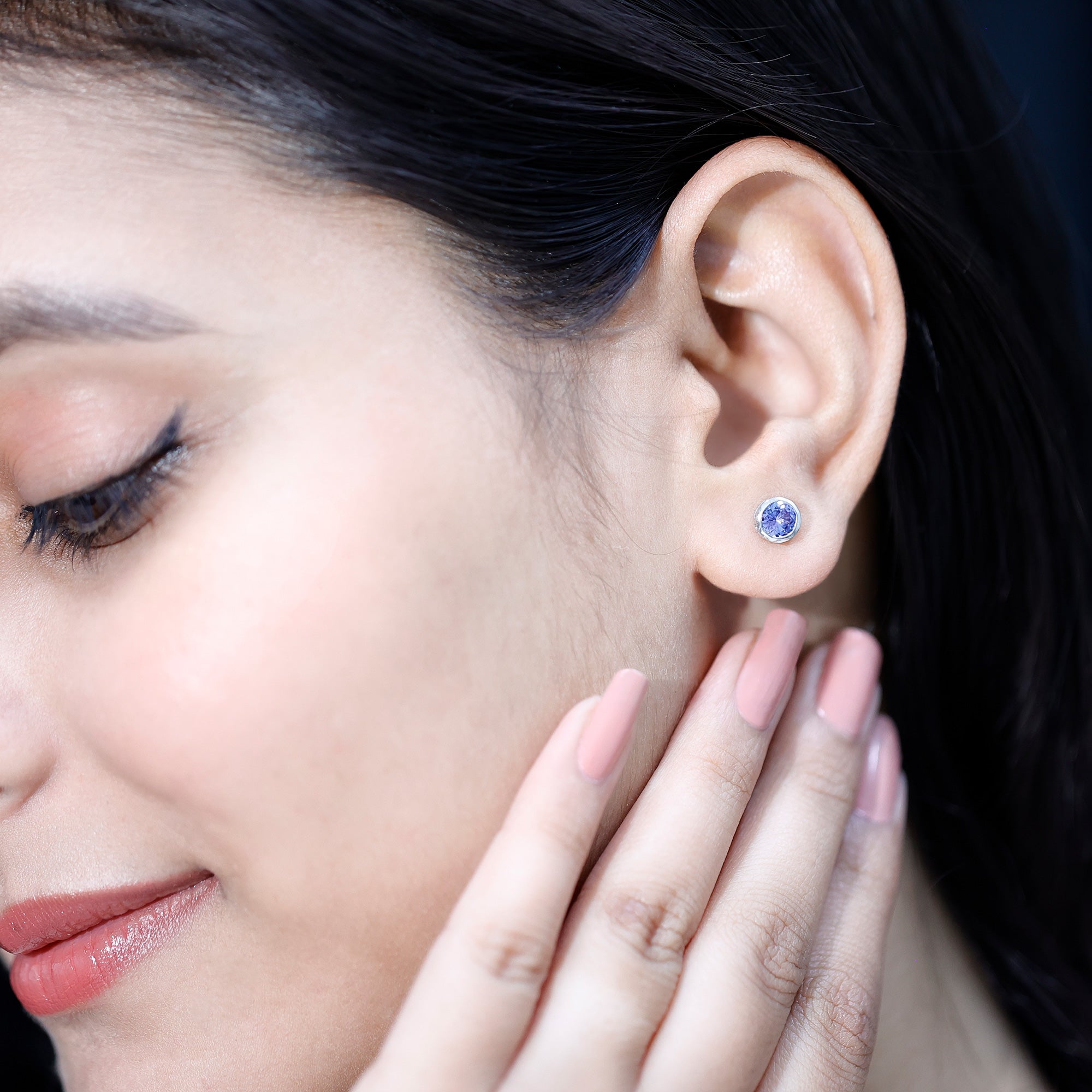 Natural 1 Carat Blue Tanzanite Solitaire Stud Earrings in Bezel Setting AAA - Rosec Jewels