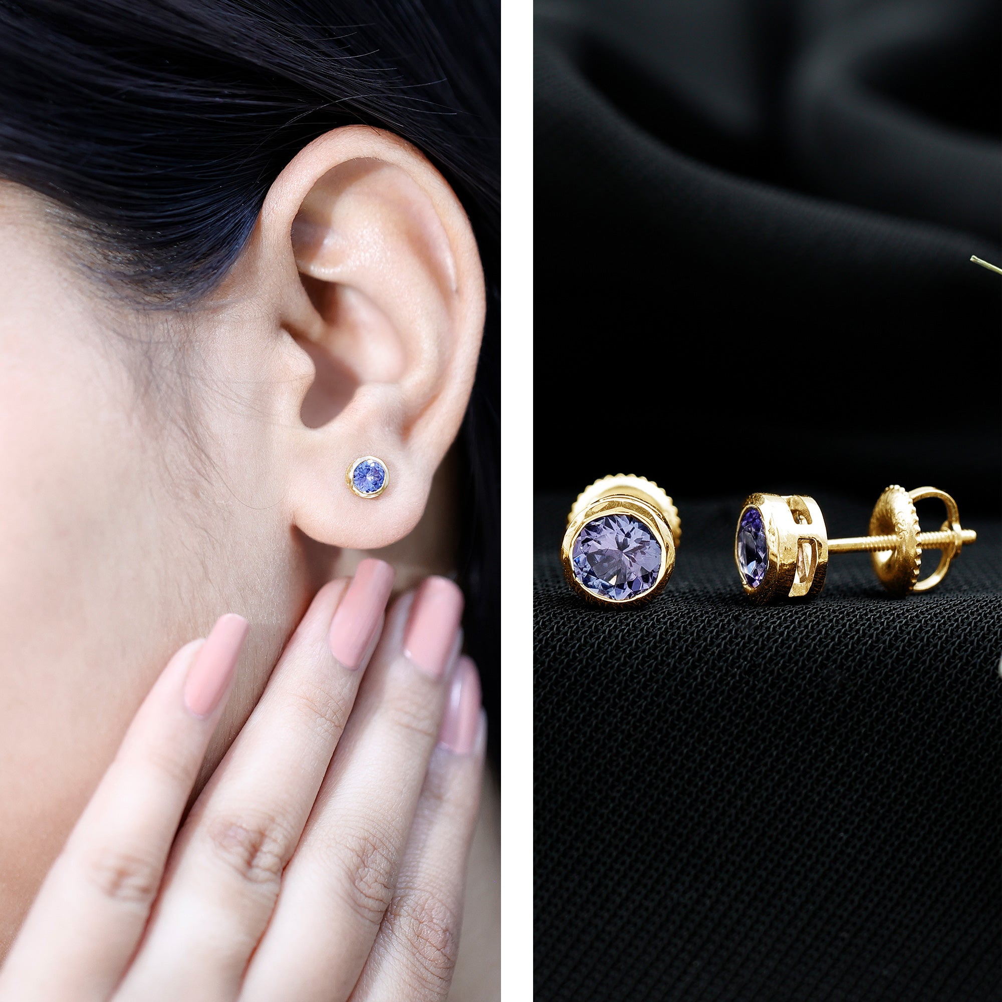 Natural 1 Carat Blue Tanzanite Solitaire Stud Earrings in Bezel Setting AAA - Rosec Jewels
