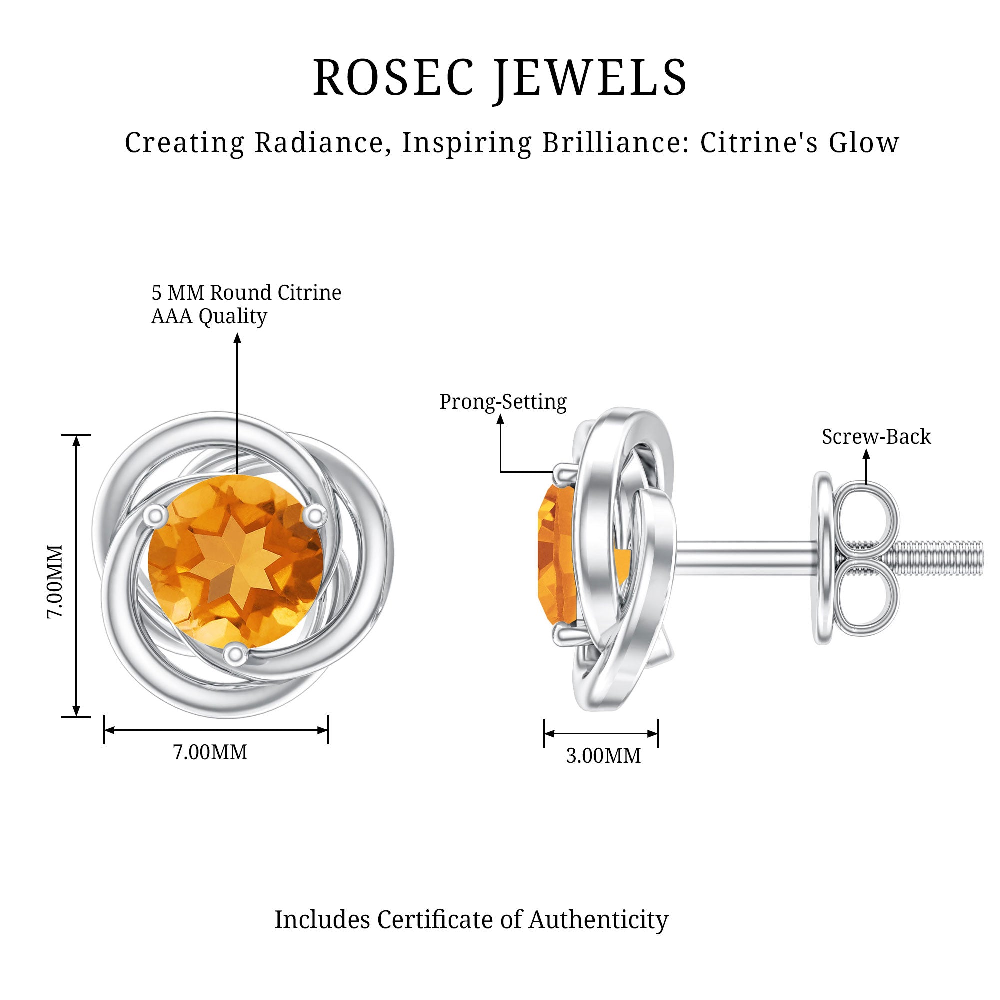 Solitaire 1 Carat Citrine Swirl Stud Earrings in 3 Prong Setting AAA - Rosec Jewels