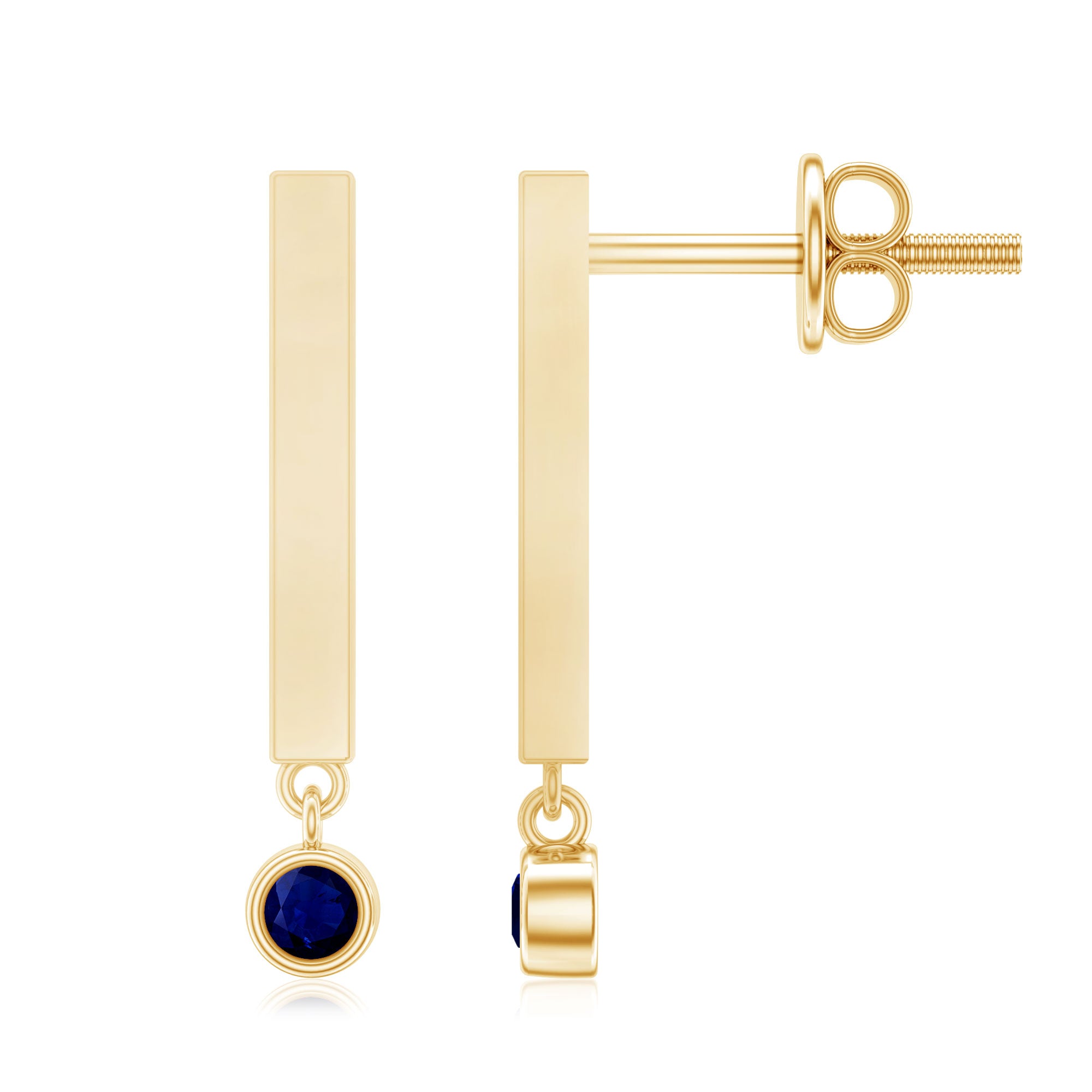 Round Blue Sapphire Bar Drop Earrings for Women AAA - Rosec Jewels