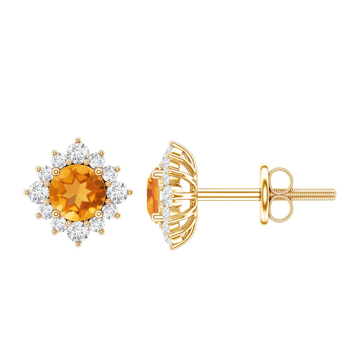 1 CT Classic Citrine Stud Earrings with Diamond Halo AAA - Rosec Jewels