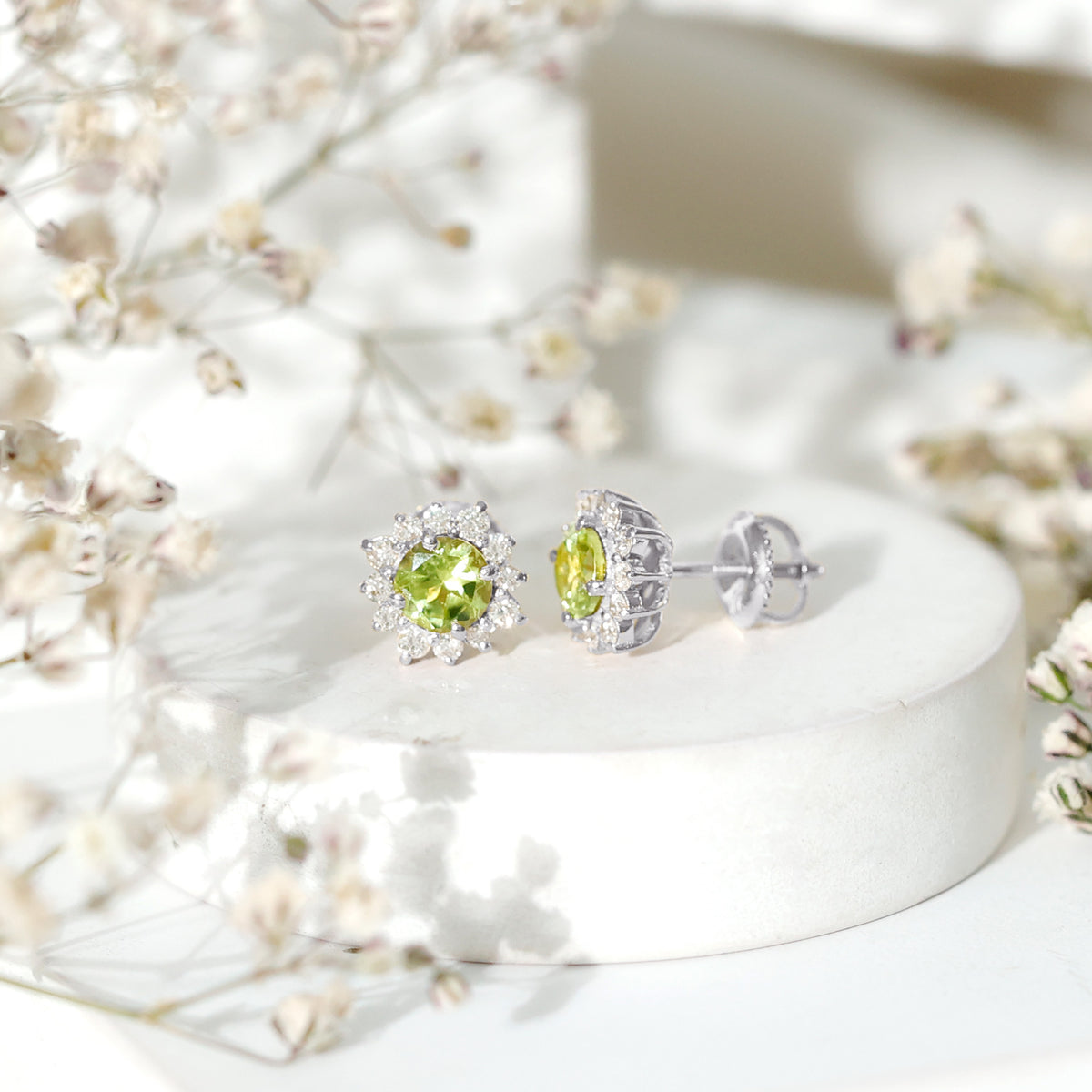 1 Carat Peridot Stud Earrings with Diamond Halo AAA - Rosec Jewels