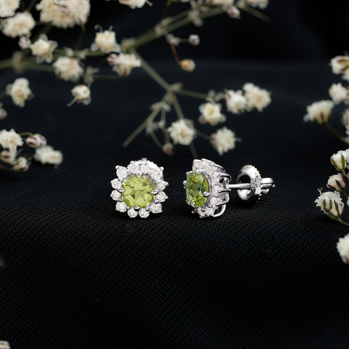 1 Carat Peridot Stud Earrings with Diamond Halo AAA - Rosec Jewels