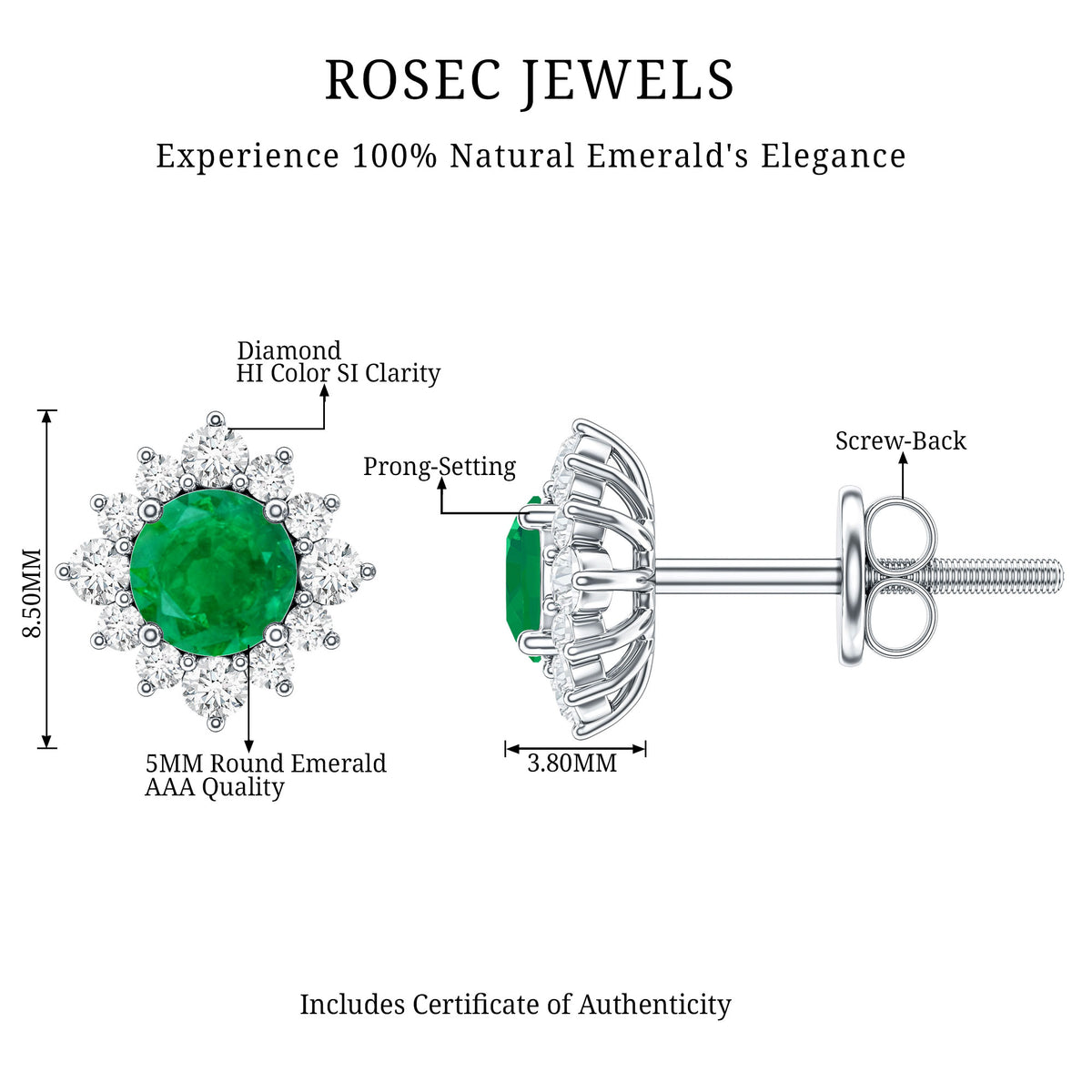 Real Emerald Stud Earrings with Diamond Halo AAA - Rosec Jewels