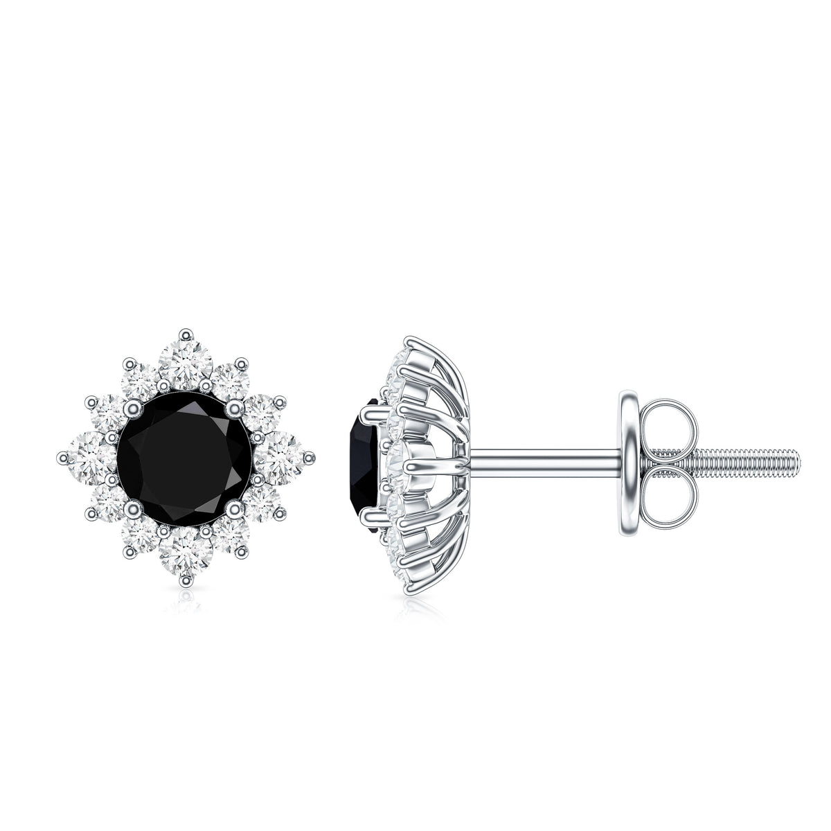 0.9 Carat Black Spinel and Diamond Classic Halo Stud Earrings AAA - Rosec Jewels