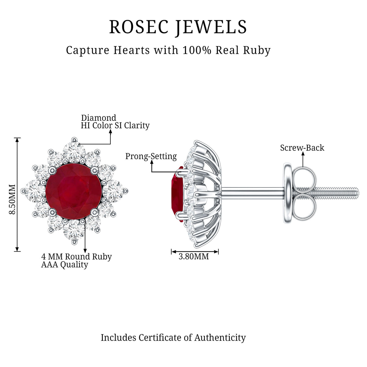 Ruby Classic Stud Earrings with Diamond Halo AAA - Rosec Jewels