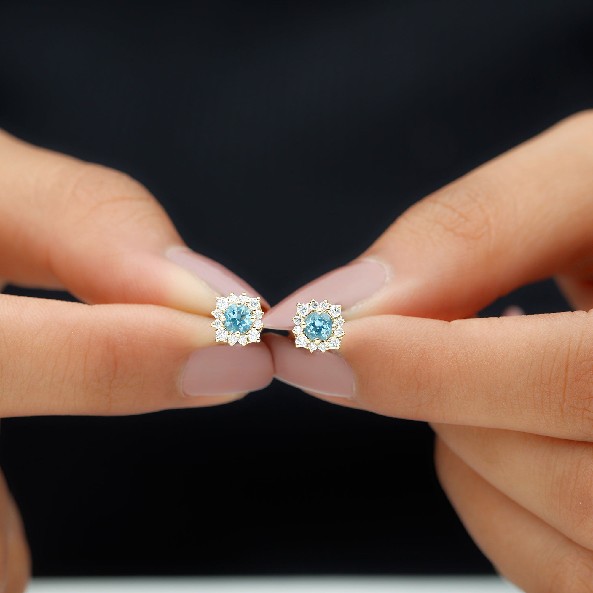 Real Aquamarine Stud Earrings with Diamond Halo AAA - Rosec Jewels
