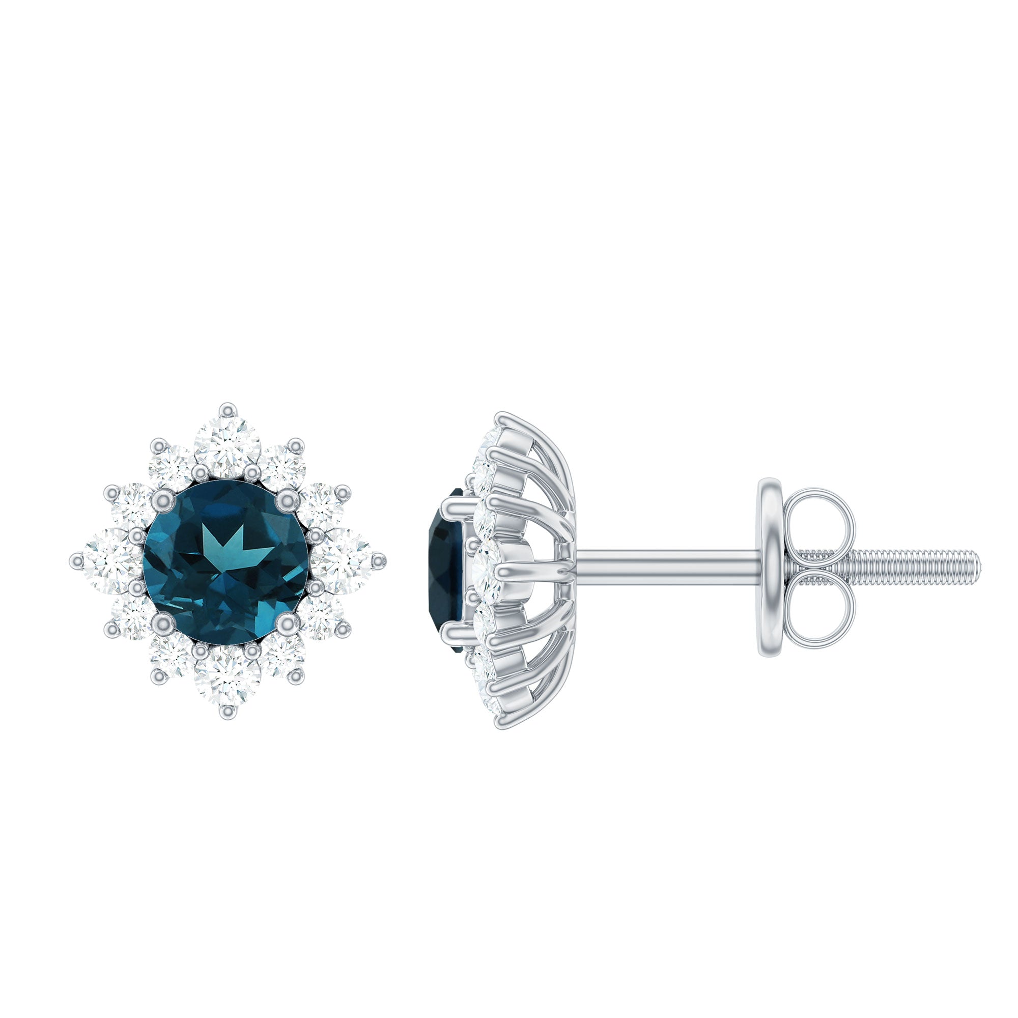 1.25 CT Classic London Blue Topaz Stud Earrings with Diamond Halo