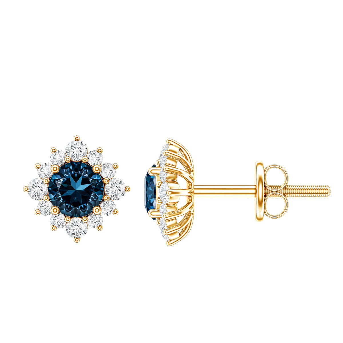 1.2 Carat Classic London Blue Topaz Stud Earrings with Diamond Halo AAA - Rosec Jewels