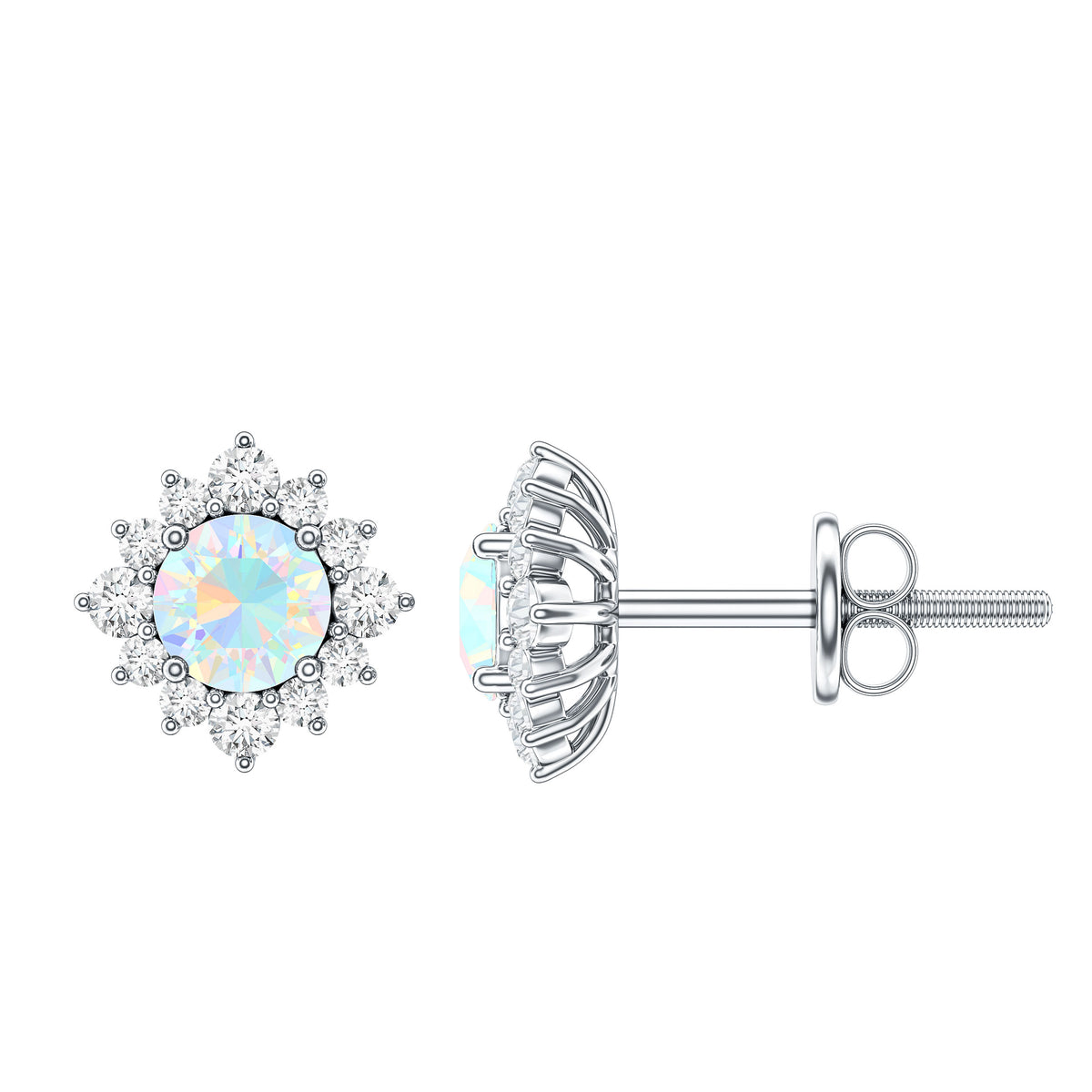 Classic Ethiopian Opal Stud Earrings with Diamond Halo AAA - Rosec Jewels