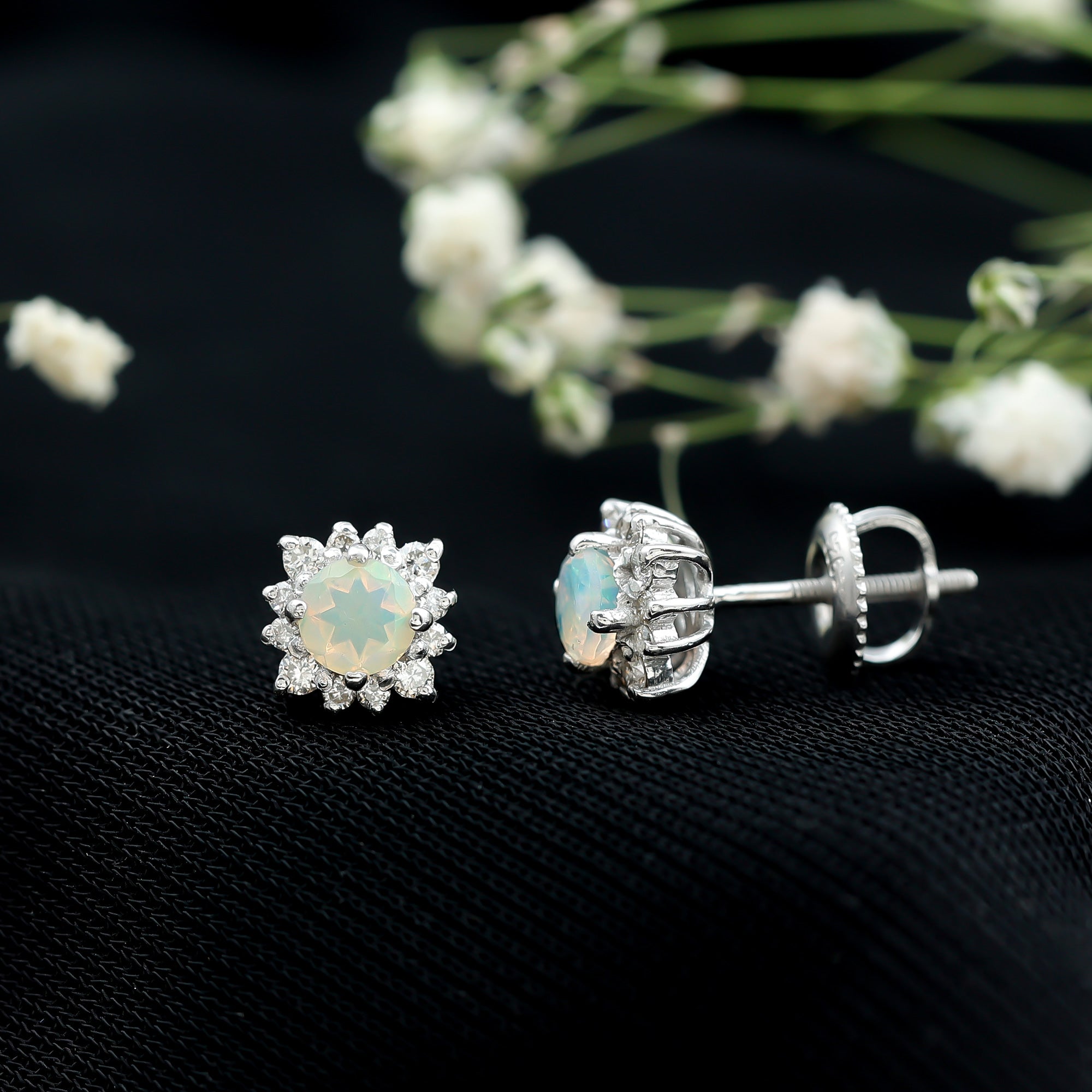 Classic Ethiopian Opal Stud Earrings with Diamond Halo AAA - Rosec Jewels