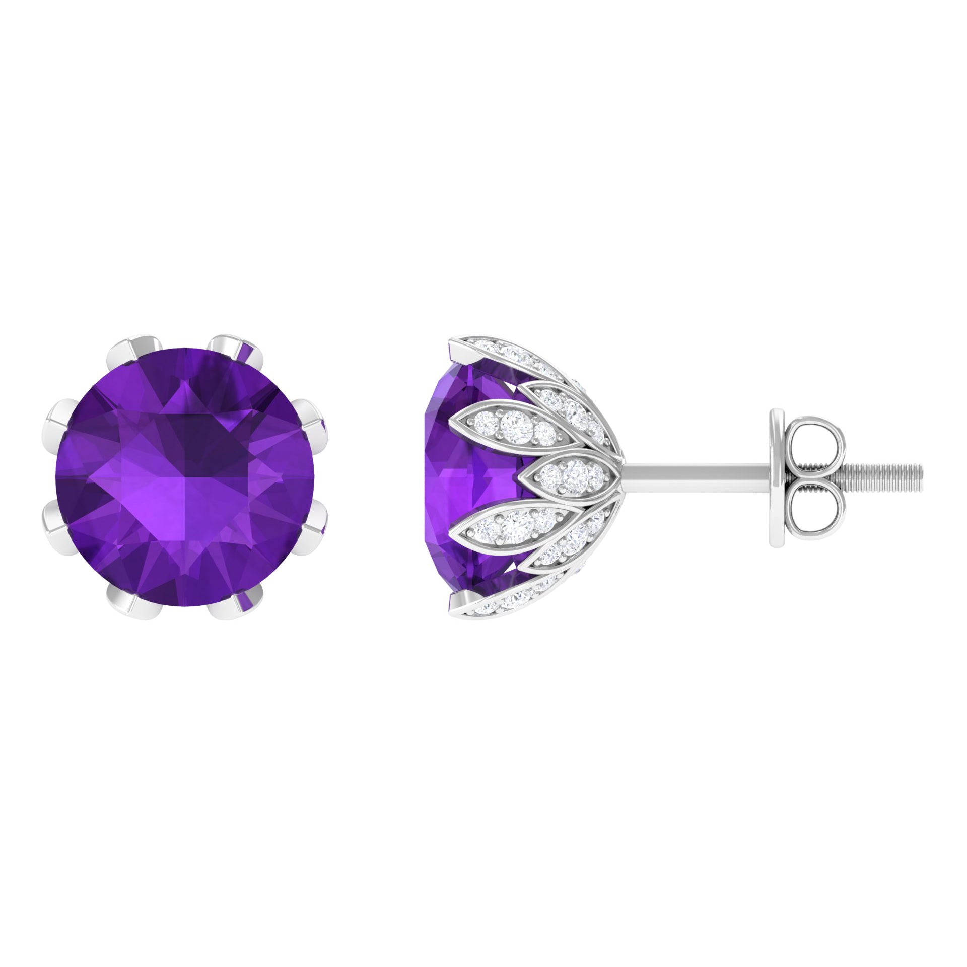 Natural Amethyst Flower Earrings with Diamond