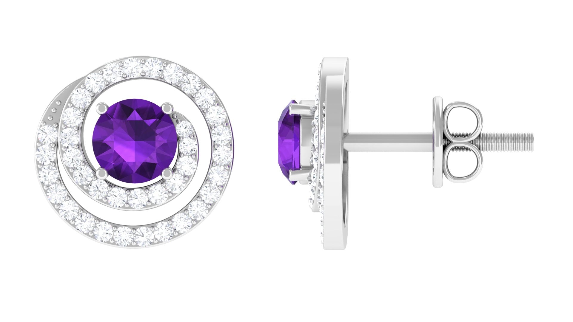 Natural Amethyst Diamond Swirl Earrings with Screw Back