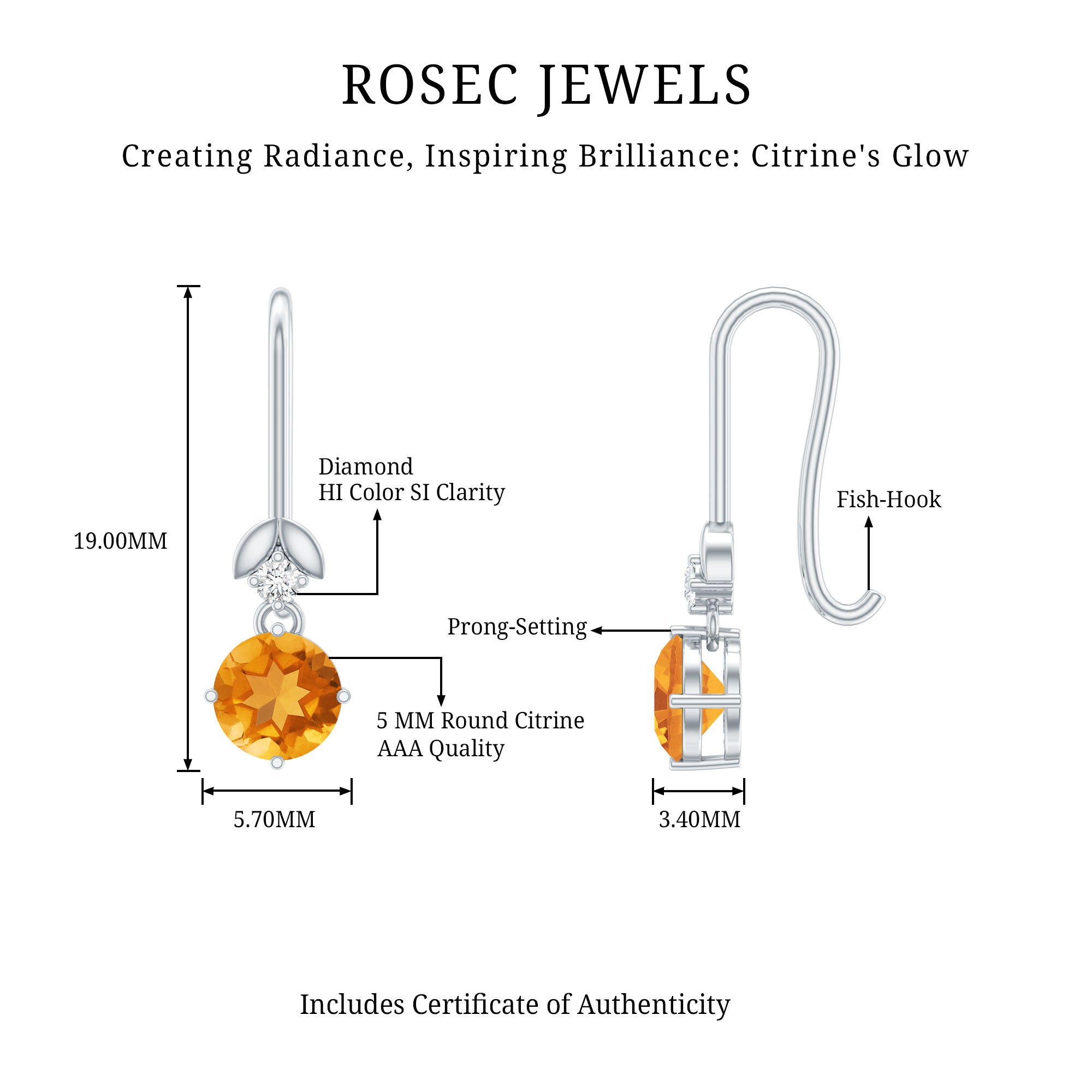 Certified Natural Citrine Diamond Drop Earrings with Fish Hook AAA - Rosec Jewels