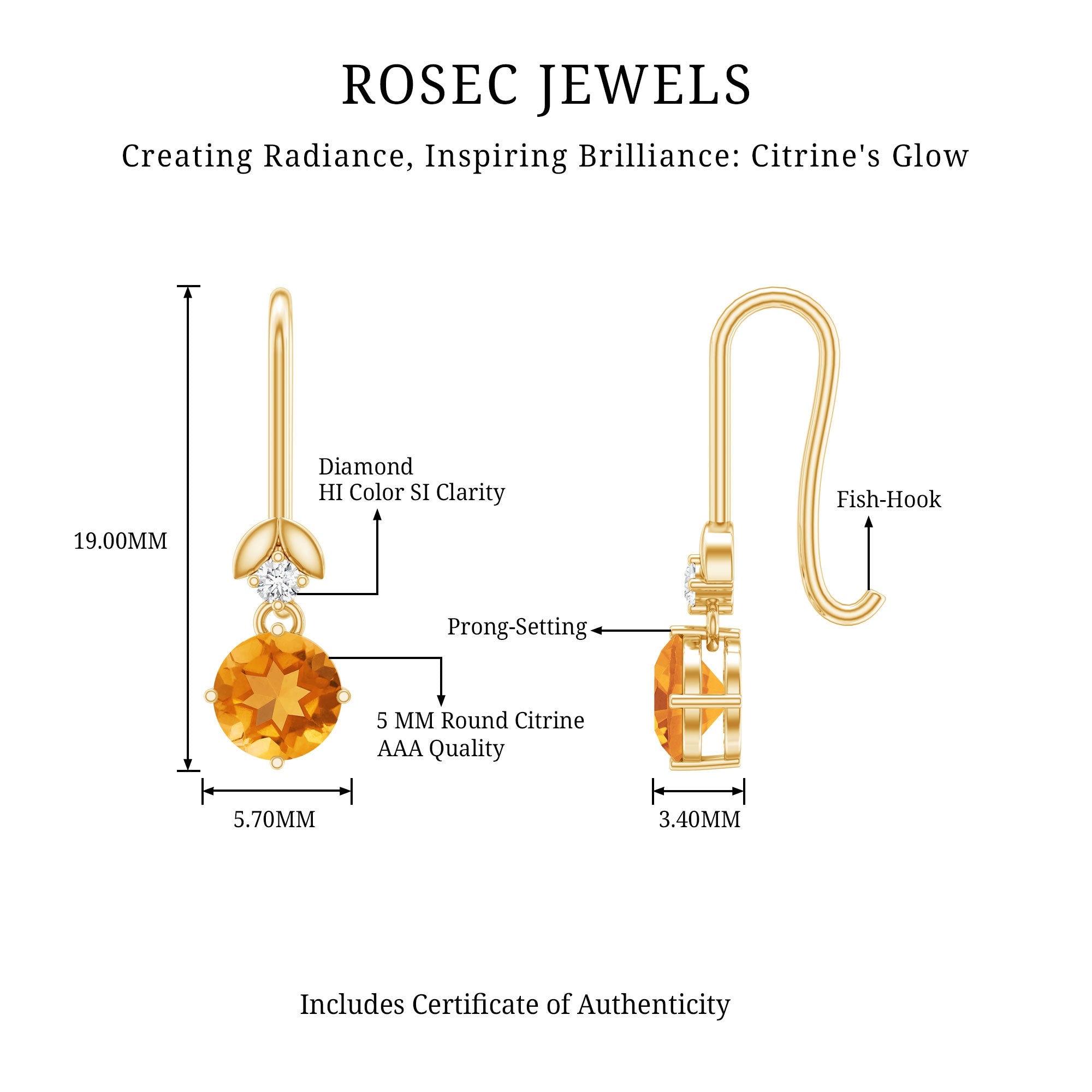 Certified Natural Citrine Diamond Drop Earrings with Fish Hook AAA - Rosec Jewels