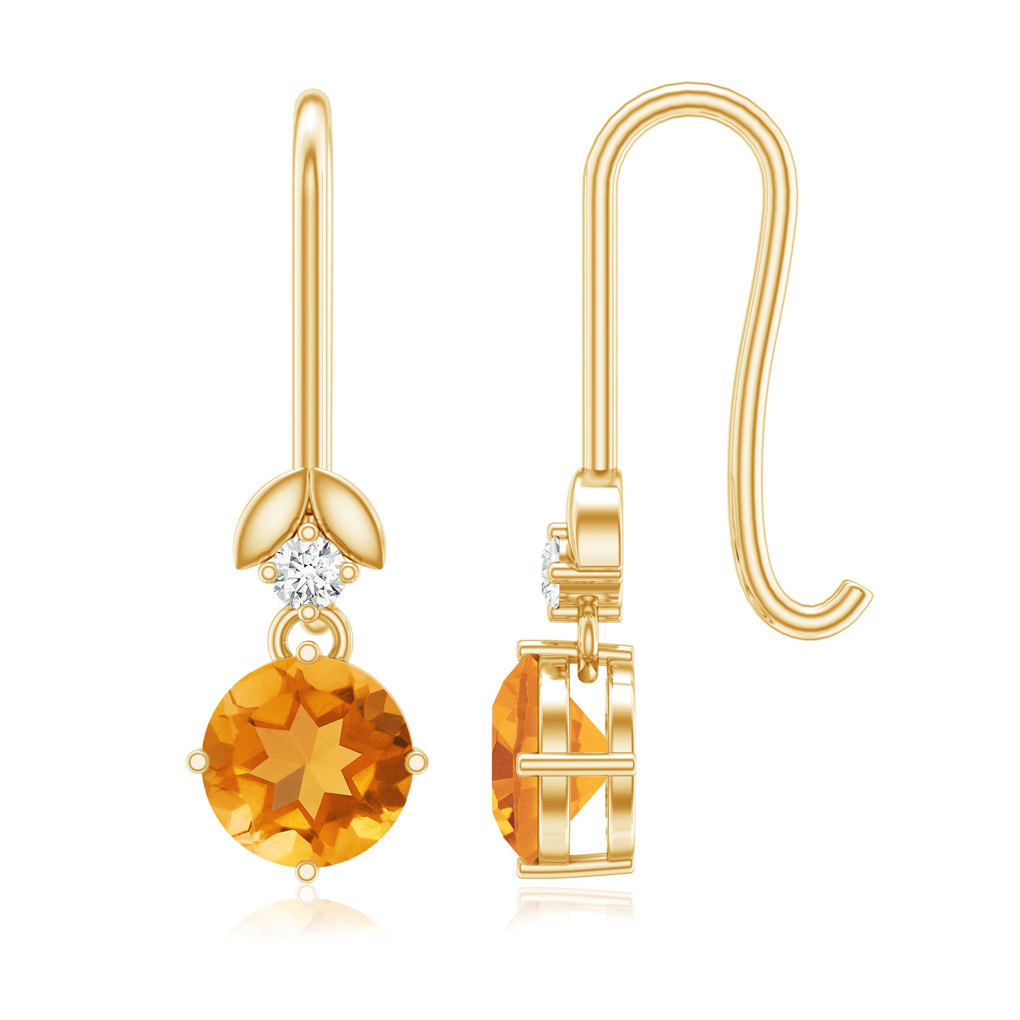 Certified Natural Citrine Diamond Drop Earrings with Fish Hook AAA - Rosec Jewels