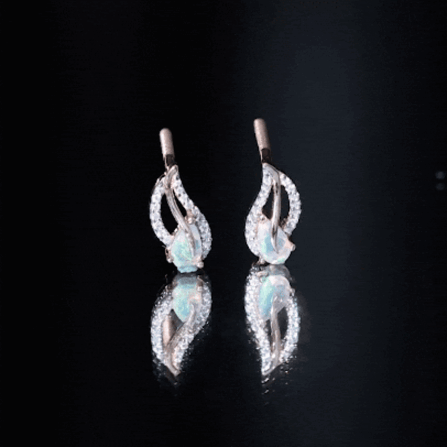 Pear Shape Ethiopian Opal Leaf Stud Earrings with Moissanite AAA - Rosec Jewels