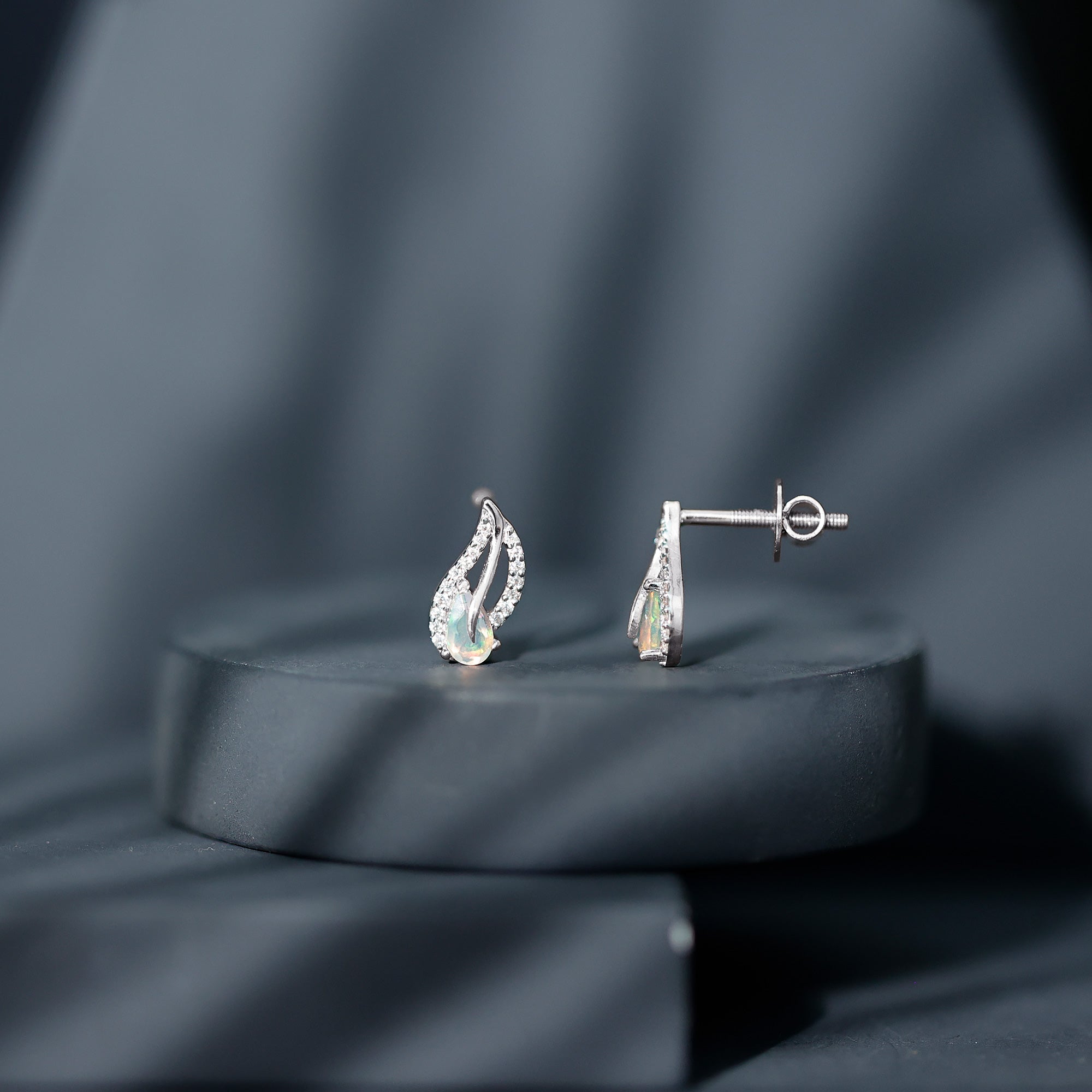 Pear Shape Ethiopian Opal Leaf Stud Earrings with Moissanite AAA - Rosec Jewels