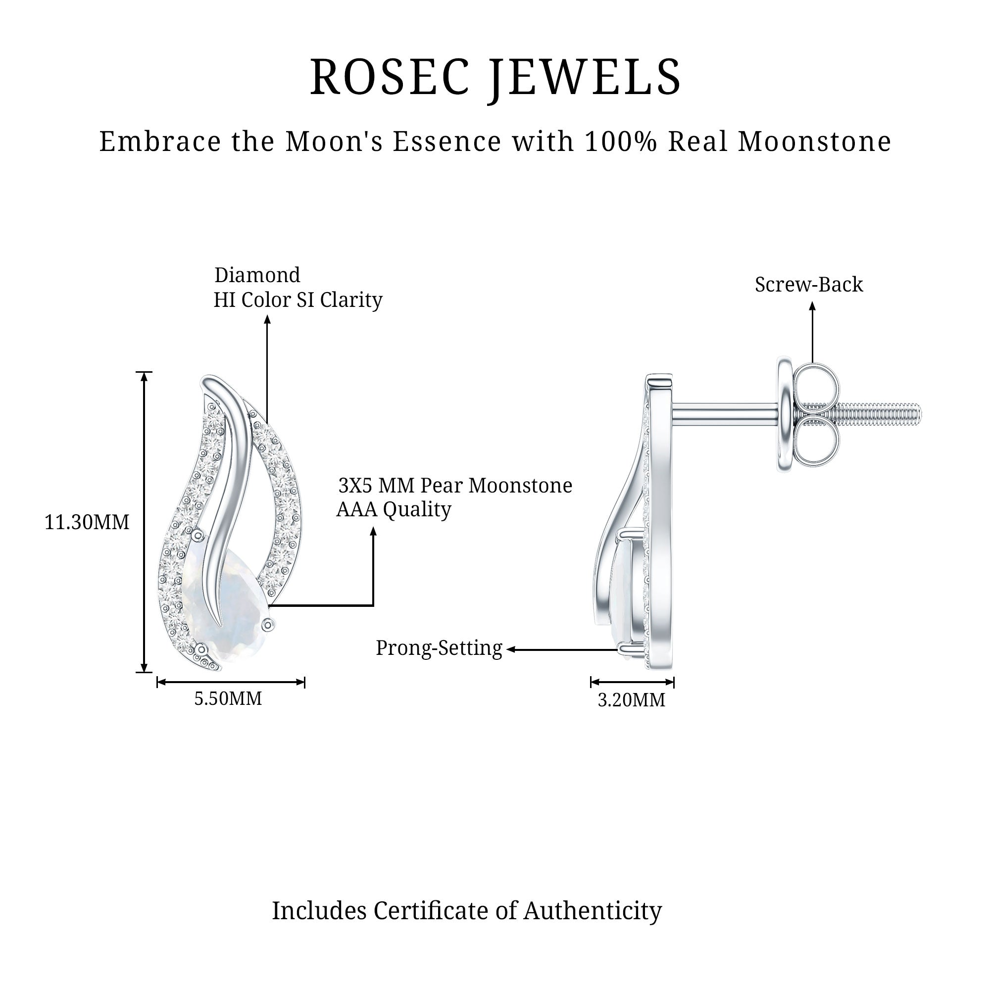 Natural Moonstone Leaf Stud Earrings with Diamond AAA - Rosec Jewels